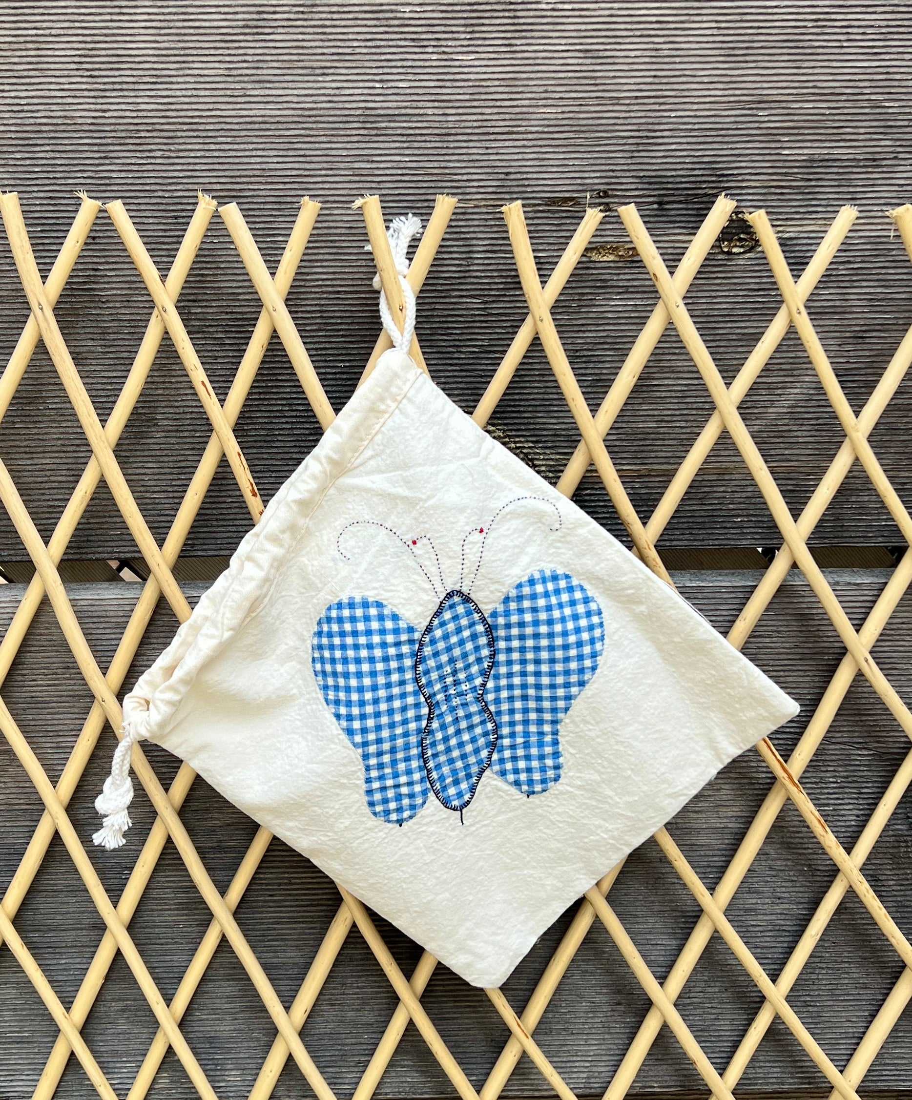 4 Antennae Butterfly Drawstring Bag (Teal Floral & Blue Gingham)