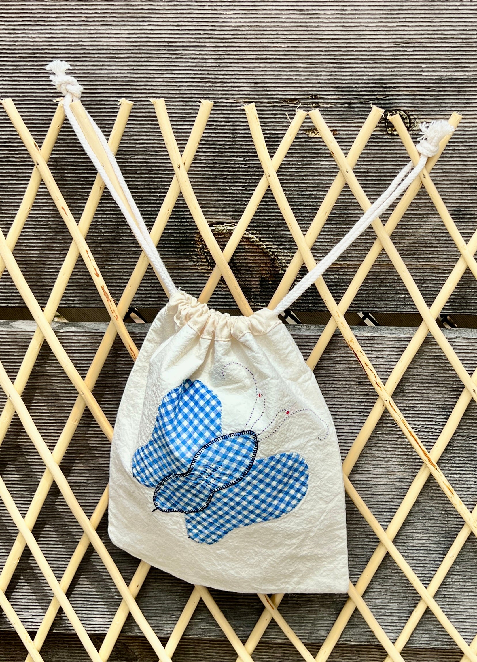 4 Antennae Butterfly Drawstring Bag (Teal Floral & Blue Gingham)