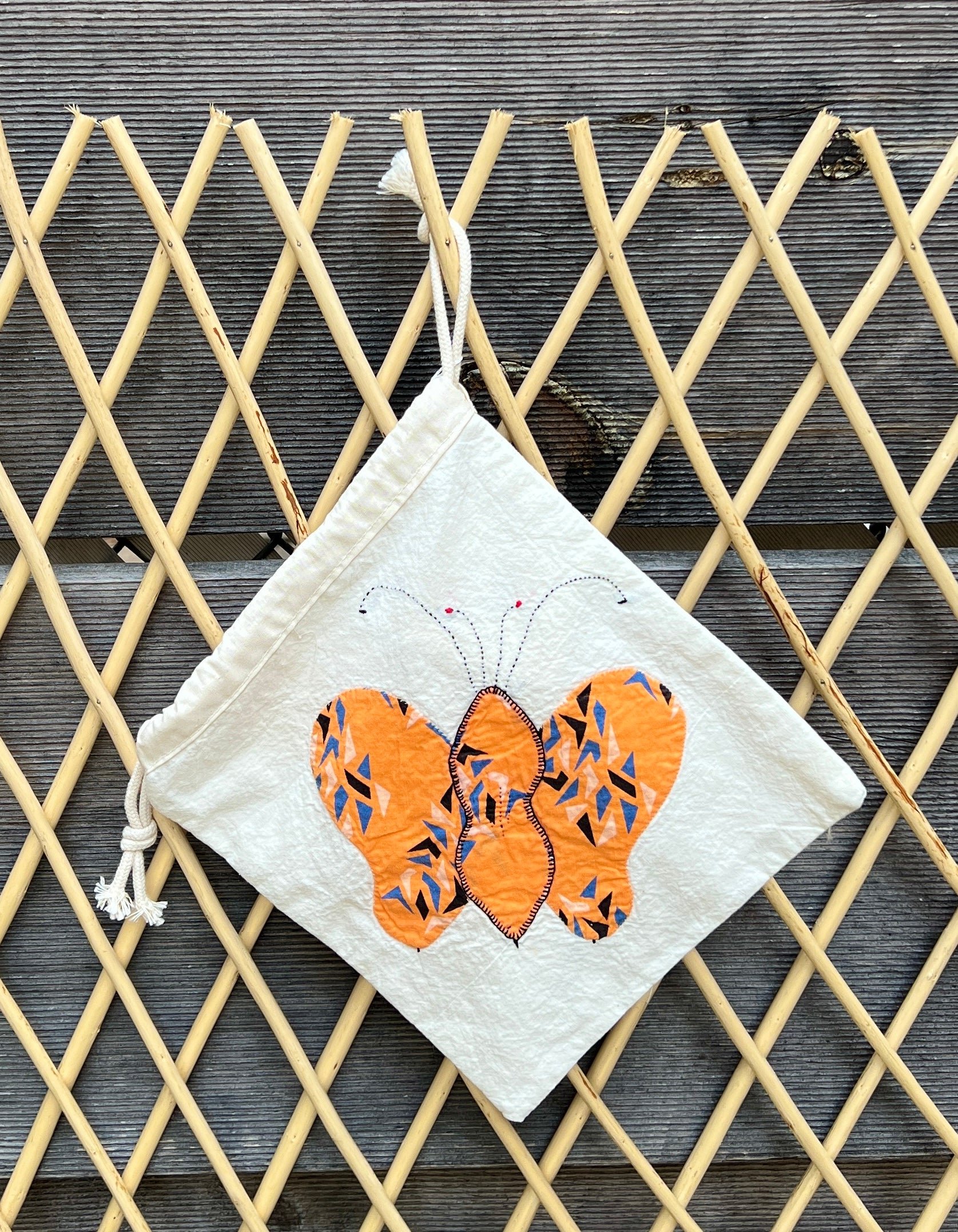 4 Antennae Butterfly Drawstring Bag (Orange Graphic & Blue Dot Floral)