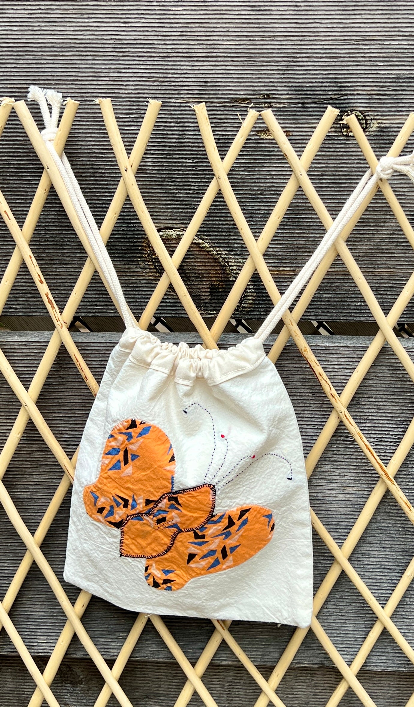4 Antennae Butterfly Drawstring Bag (Orange Graphic & Blue Dot Floral)
