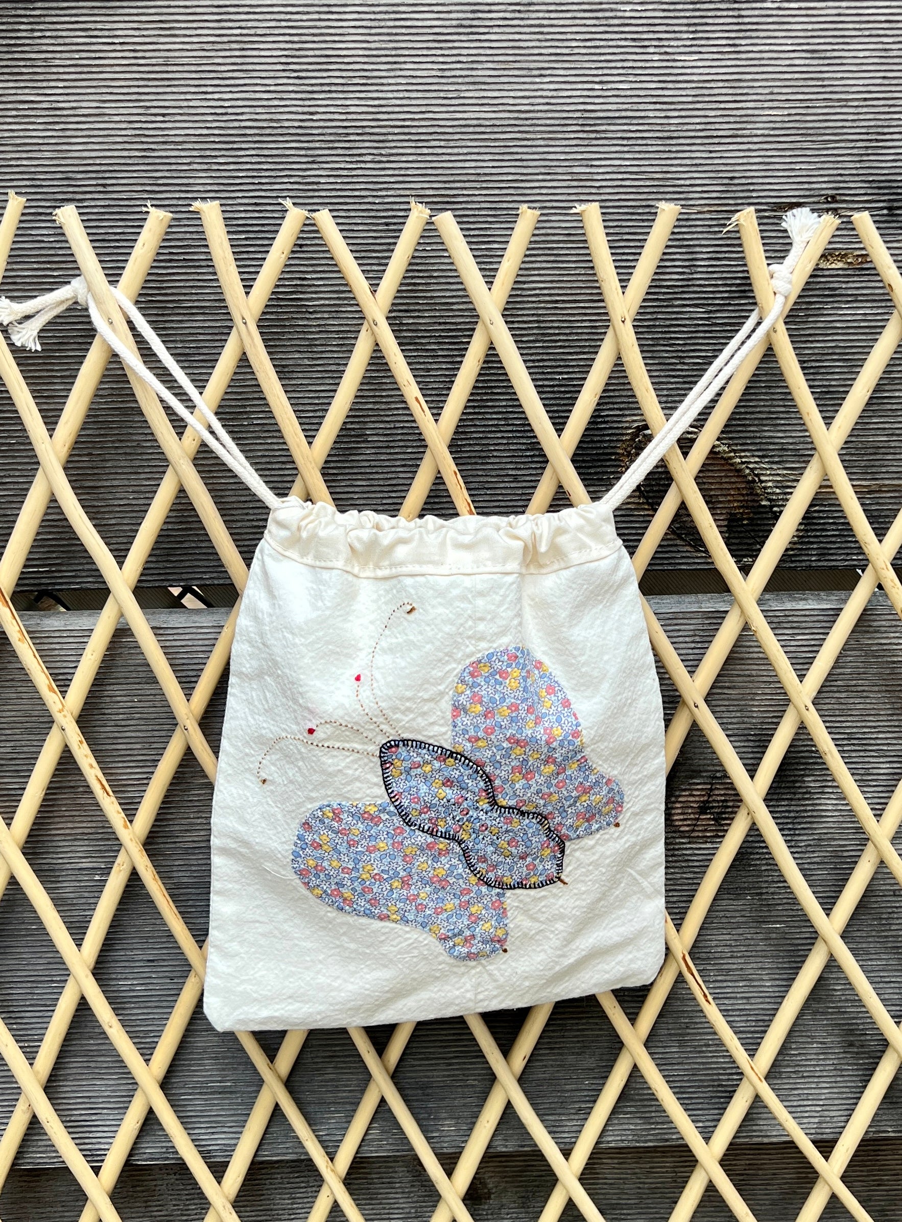 4 Antennae Butterfly Drawstring Bag (Yellow Squares & Blue Ditsy Print)