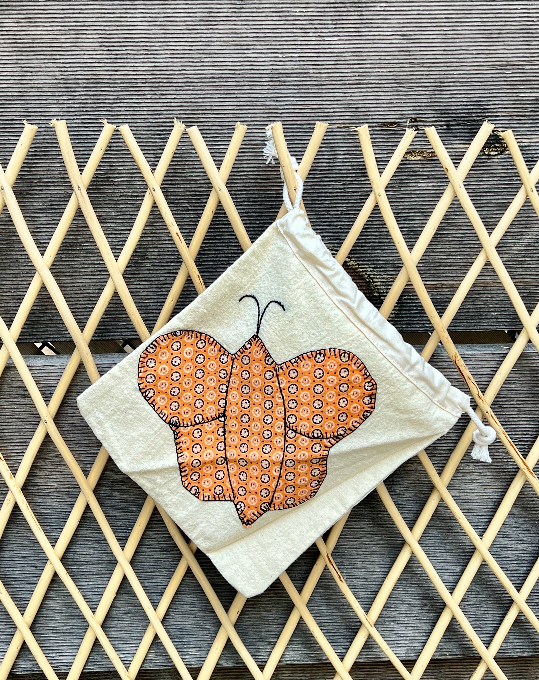 Butterfly Drawstring Bag (Green Floral & Orange Dot)
