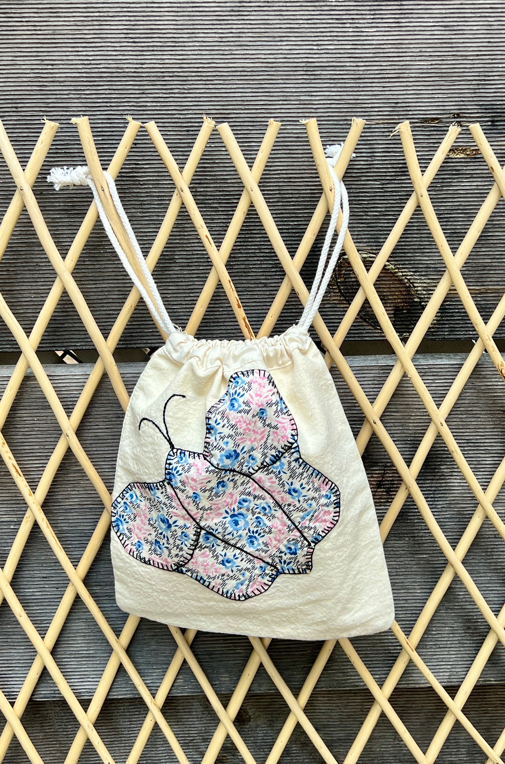 Butterfly Drawstring Bag (Red Check & Blue/Pink Floral)