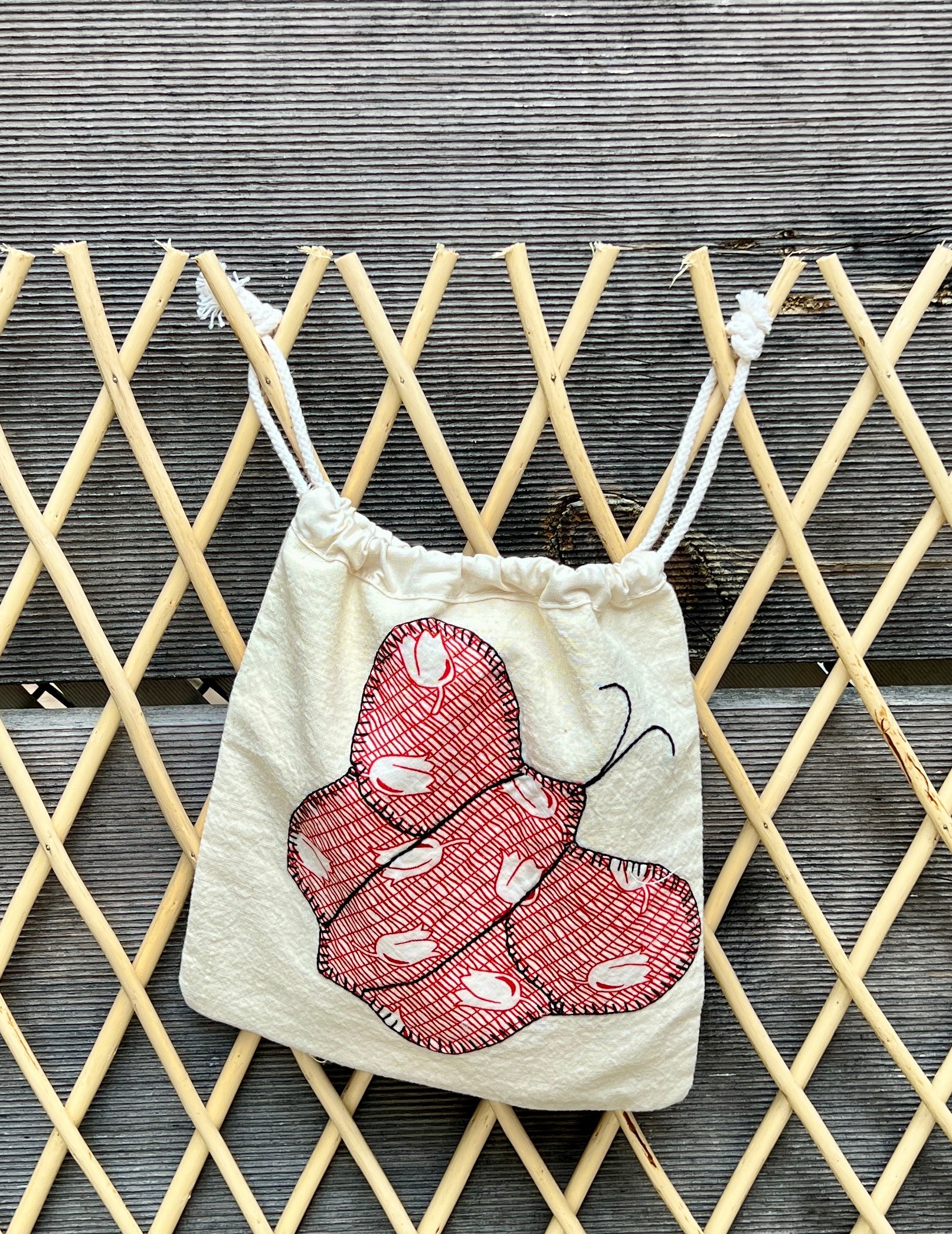 Butterfly Drawstring Bag (Green Dots & Red Floral)