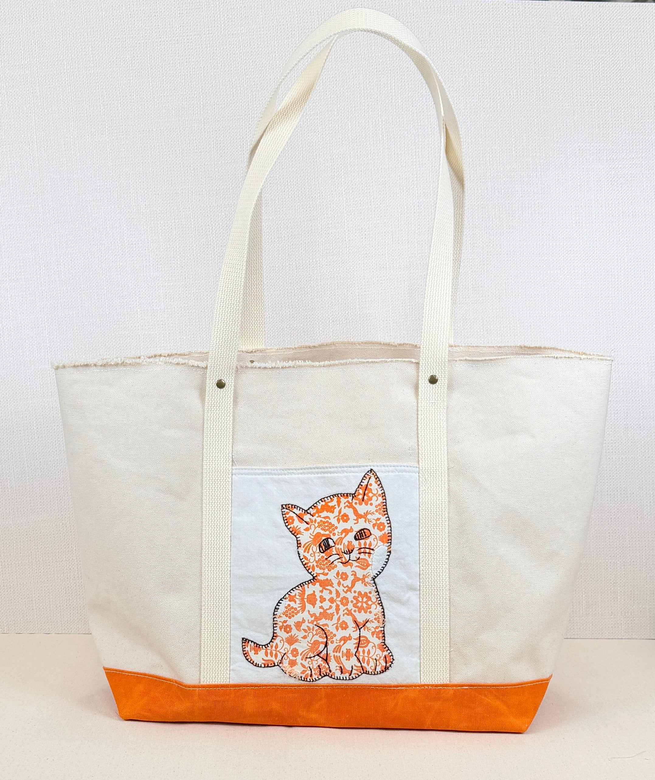 Classic Pocket Tote with Orange Canvas (2 Kittens)