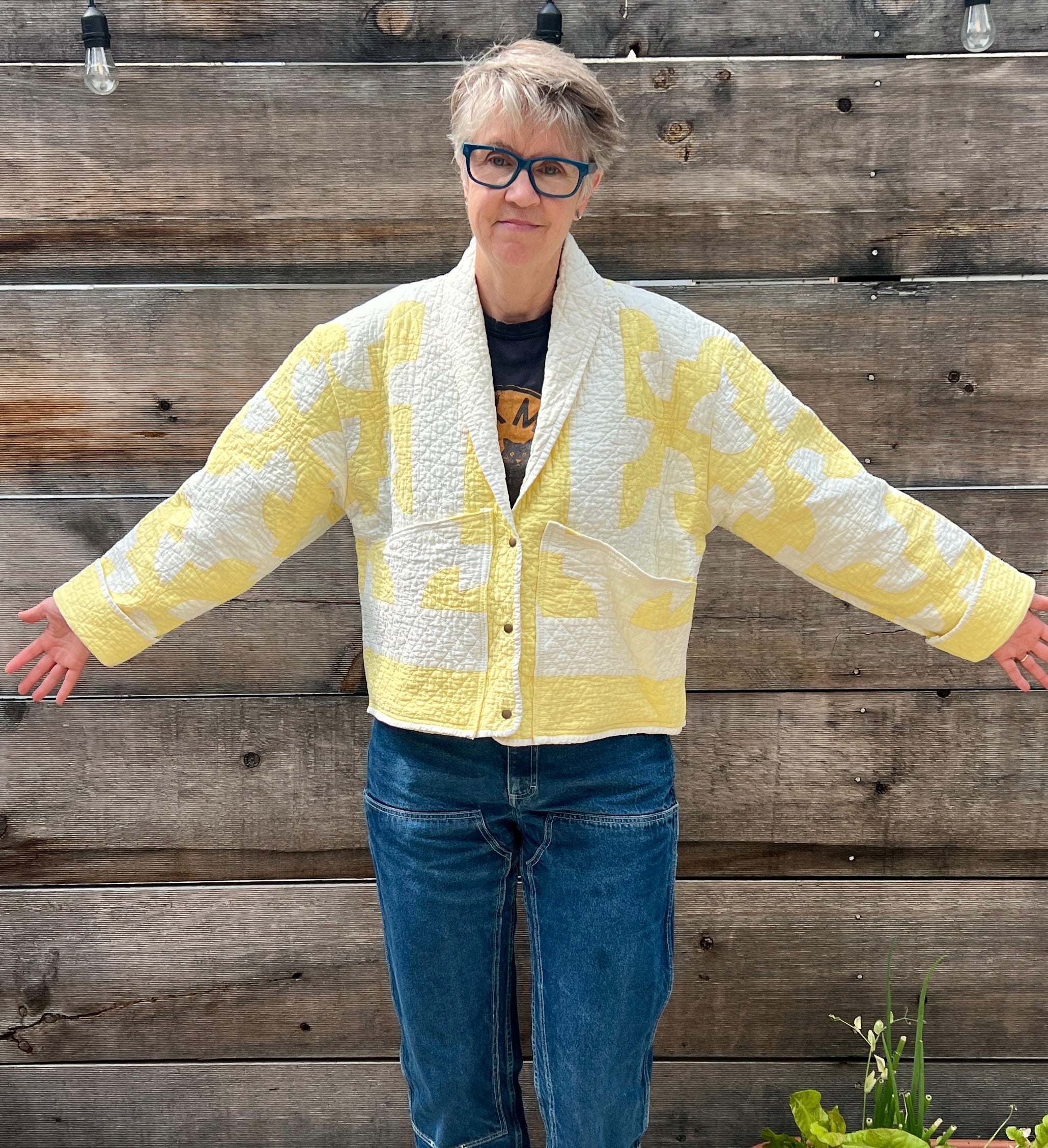 Shawl Collared Quilt Jacket (Yellow Drunkards Path)