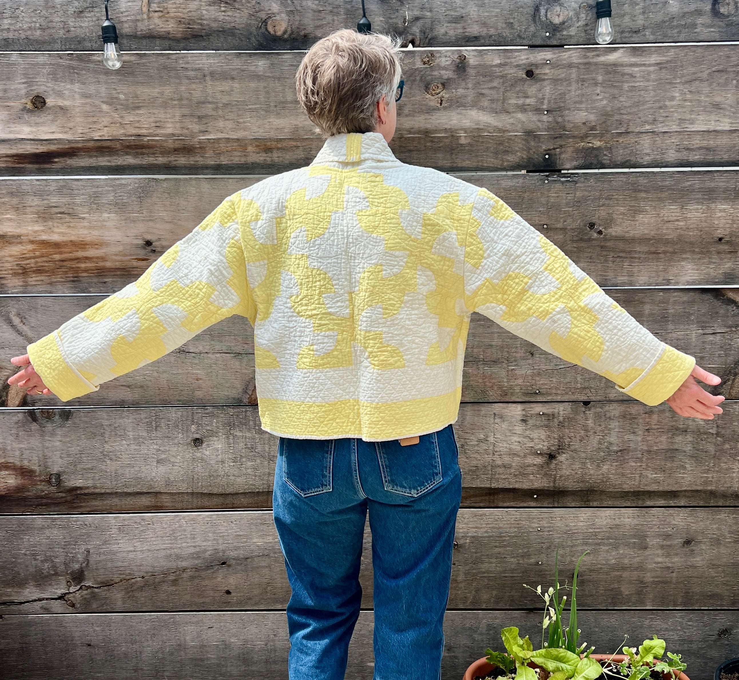 Shawl Collared Quilt Jacket (Yellow Drunkards Path)