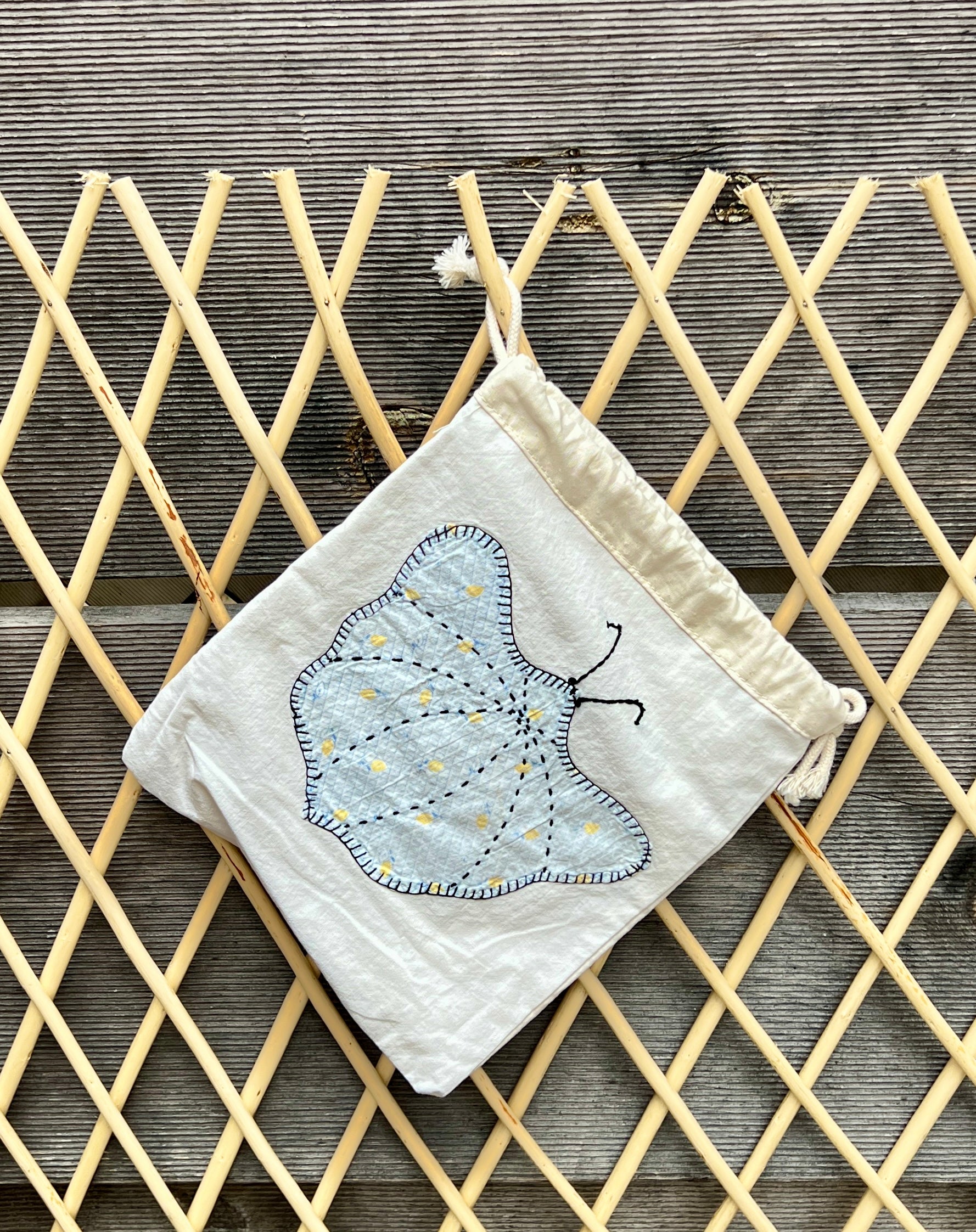 Moth Drawstring Bag (Purple Dots & Lt. Blue Leaves)