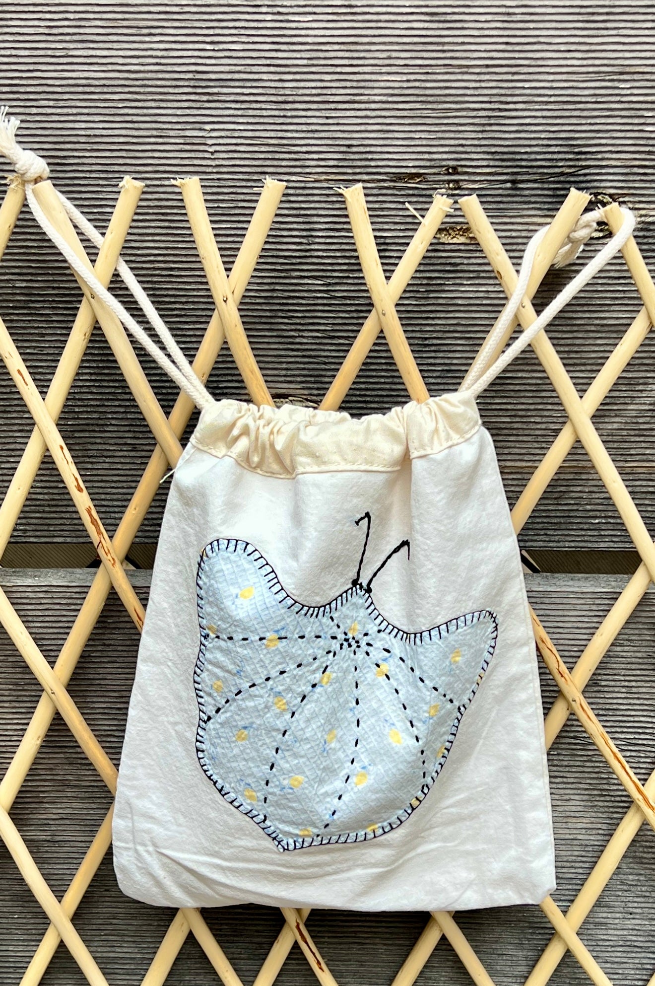 Moth Drawstring Bag (Purple Dots & Lt. Blue Leaves)