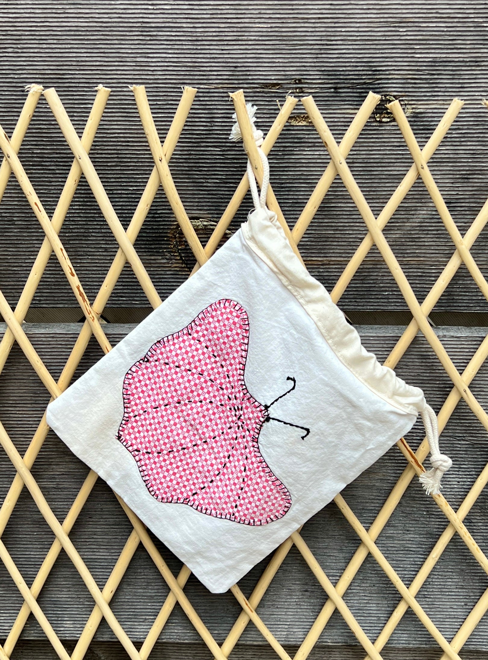 Moth Drawstring Bag (Purple Dots & Red Gingham)