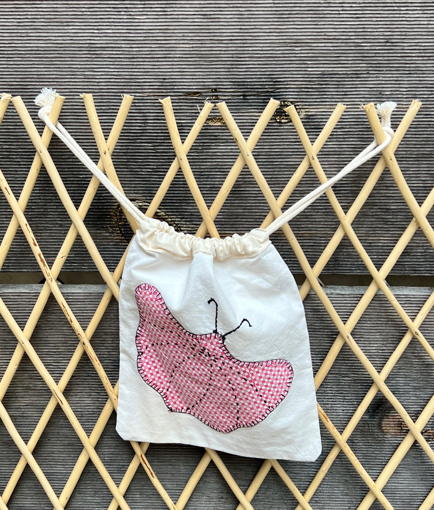 Moth Drawstring Bag (Purple Dots & Red Gingham)