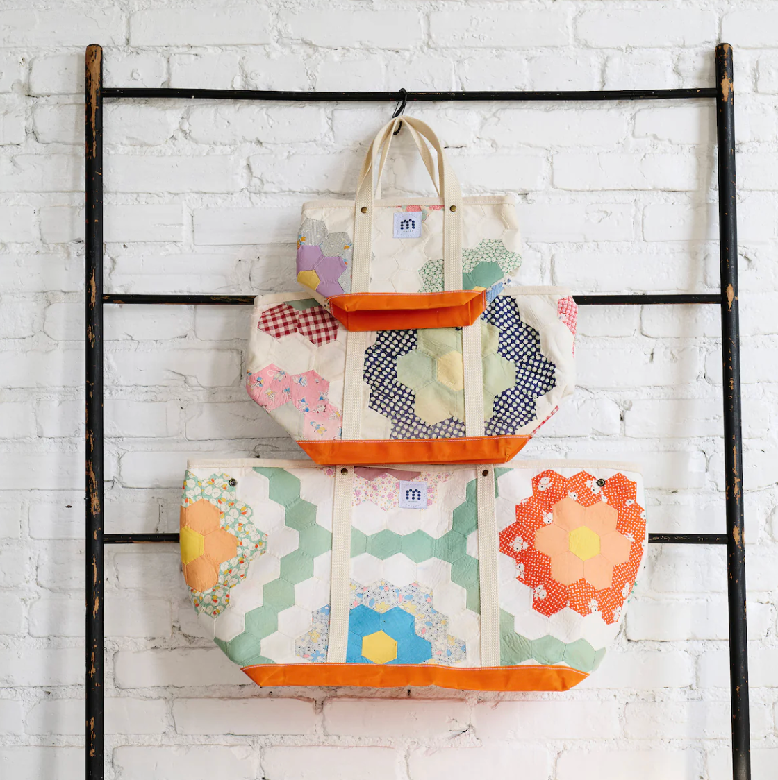 Waxed Canvas Tote Large (Orange Canvas with Green Flower)