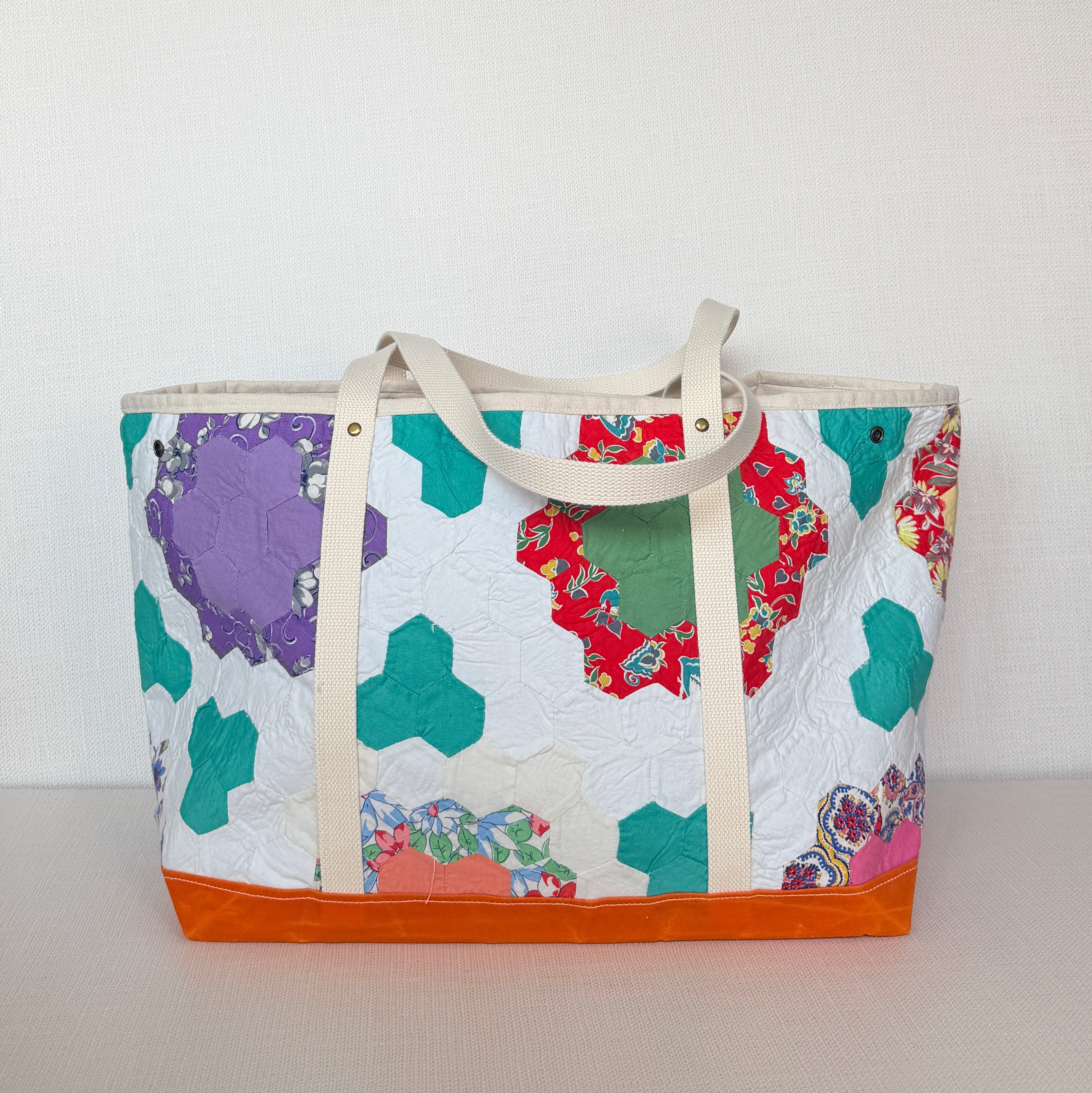 Waxed Canvas Tote Large (Orange Canvas with Green Flowers)