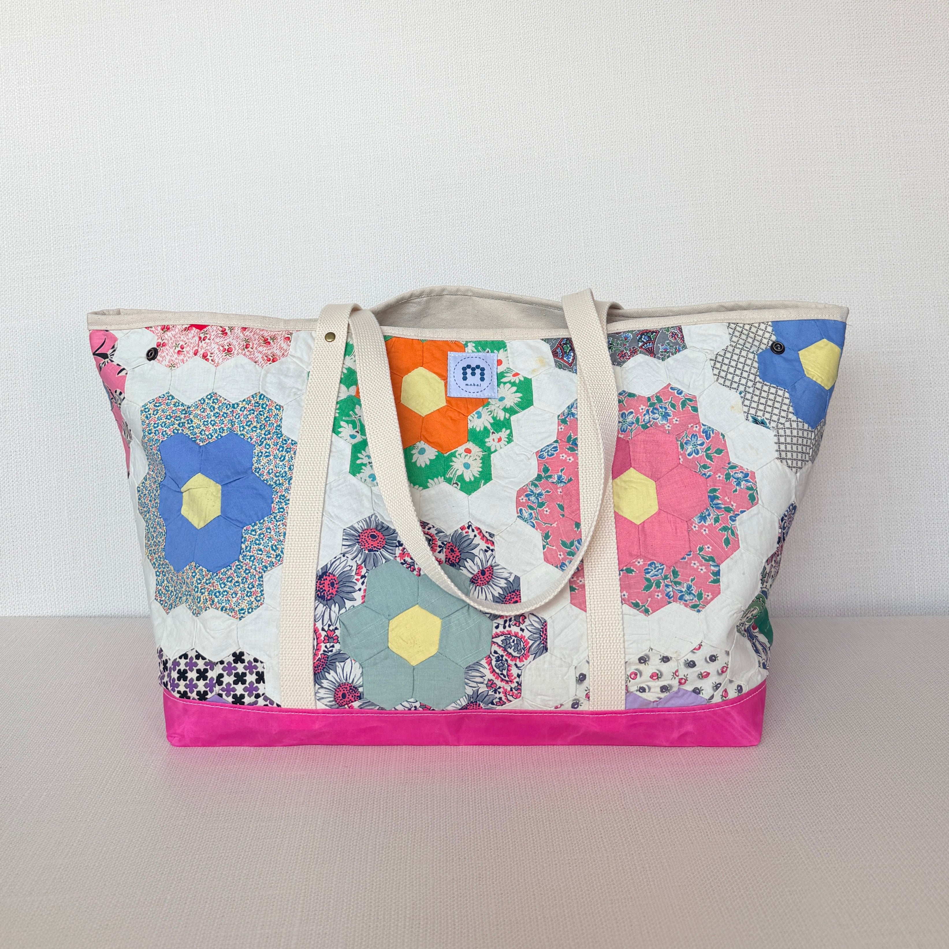 Waxed Canvas Tote Large (Pink Canvas with Pink Flowers)
