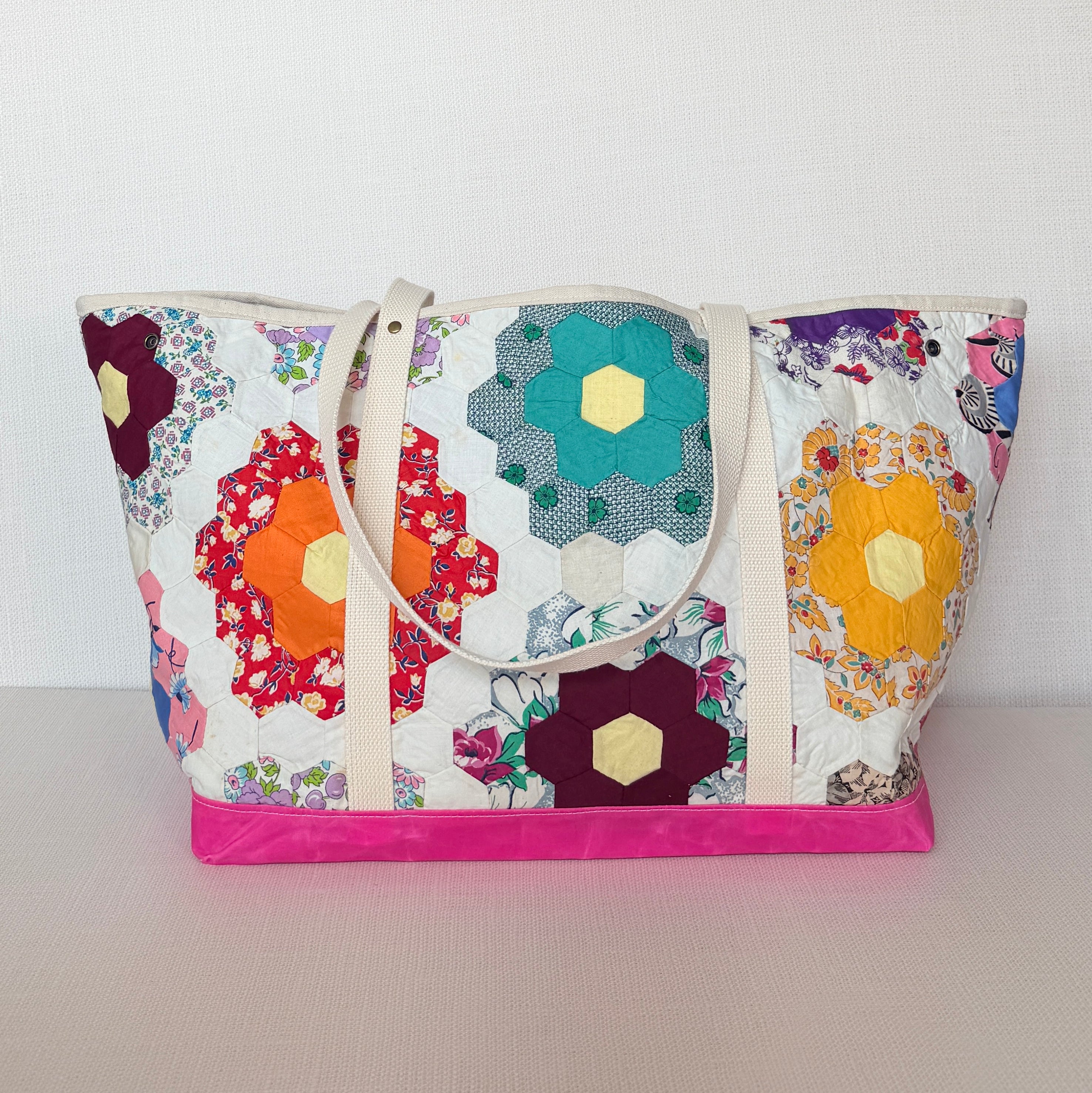 Waxed Canvas Tote Large (Pink Canvas with Pink Flowers)