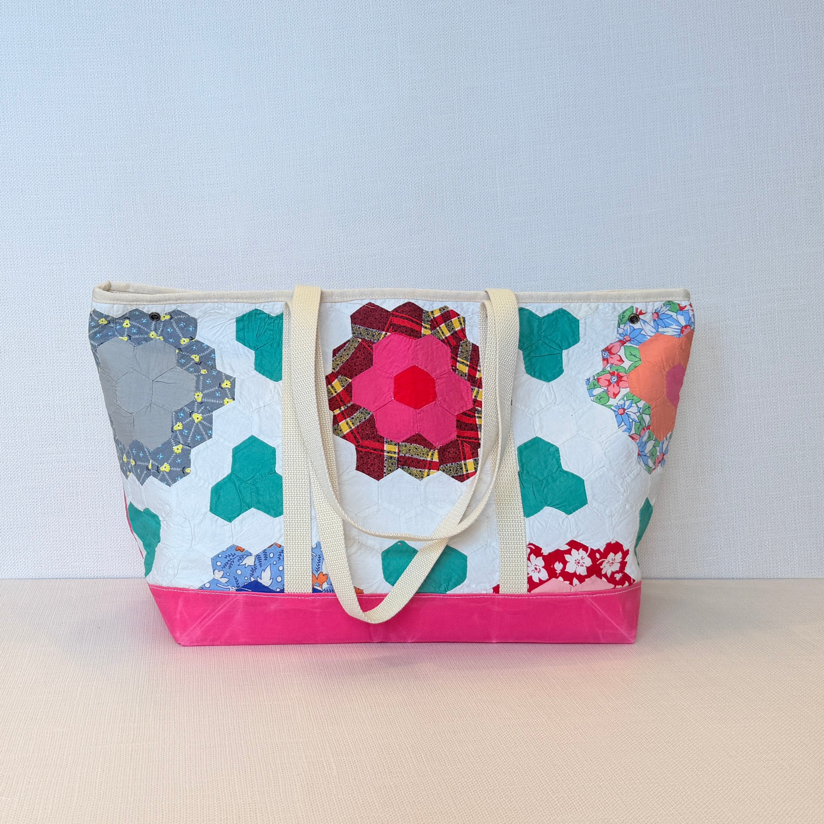 Waxed Canvas Tote Large (Pink Canvas with Red Flower)