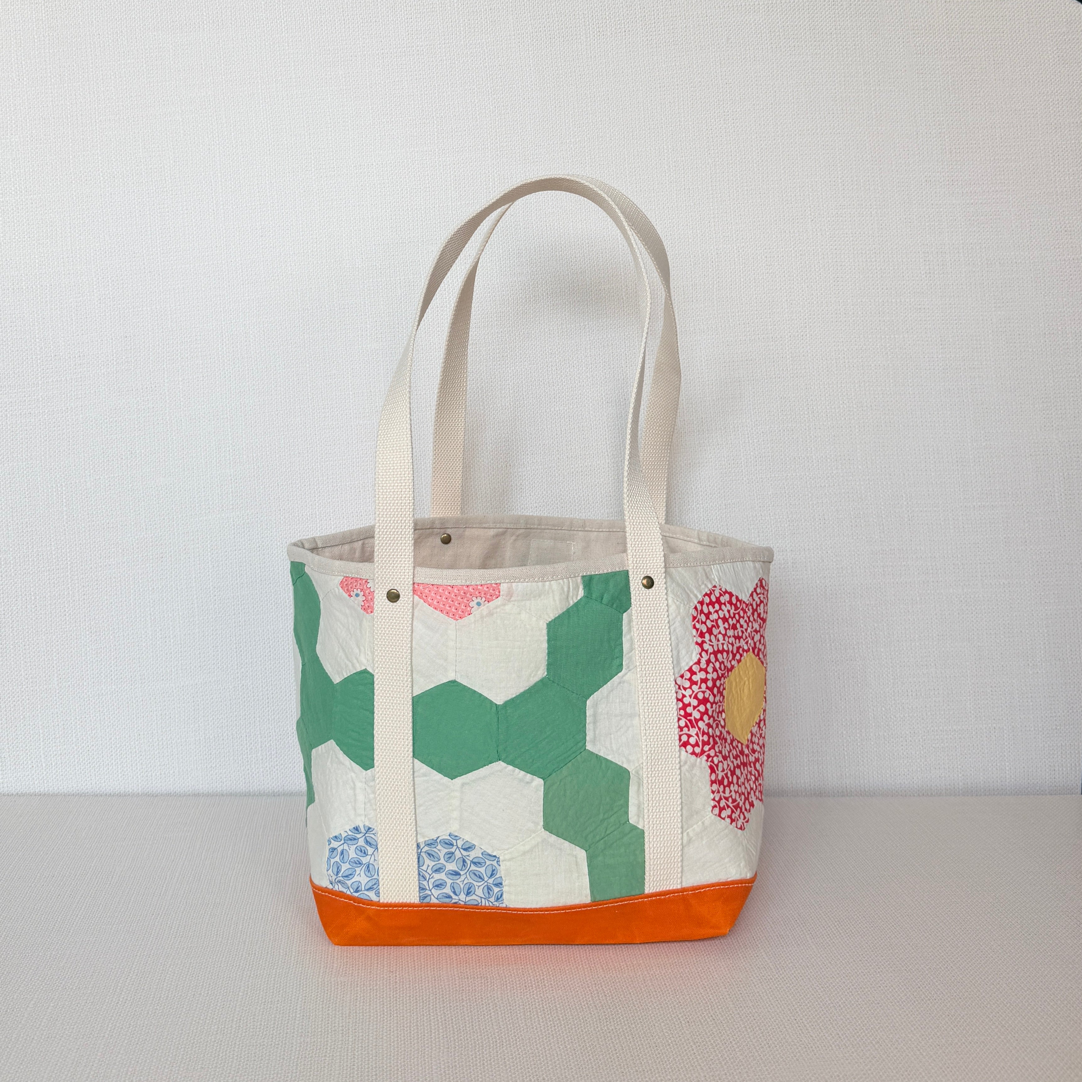 Waxed Canvas Tote Medium (Orange Canvas with Pink Flowers)