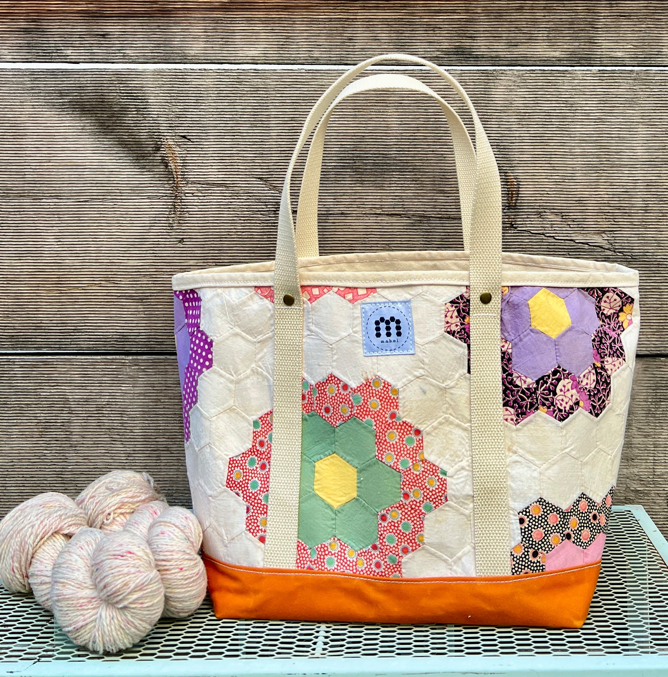 Medium Waxed Canvas Quilt Tote (Medium Hexies with Orange Bottomn) #3