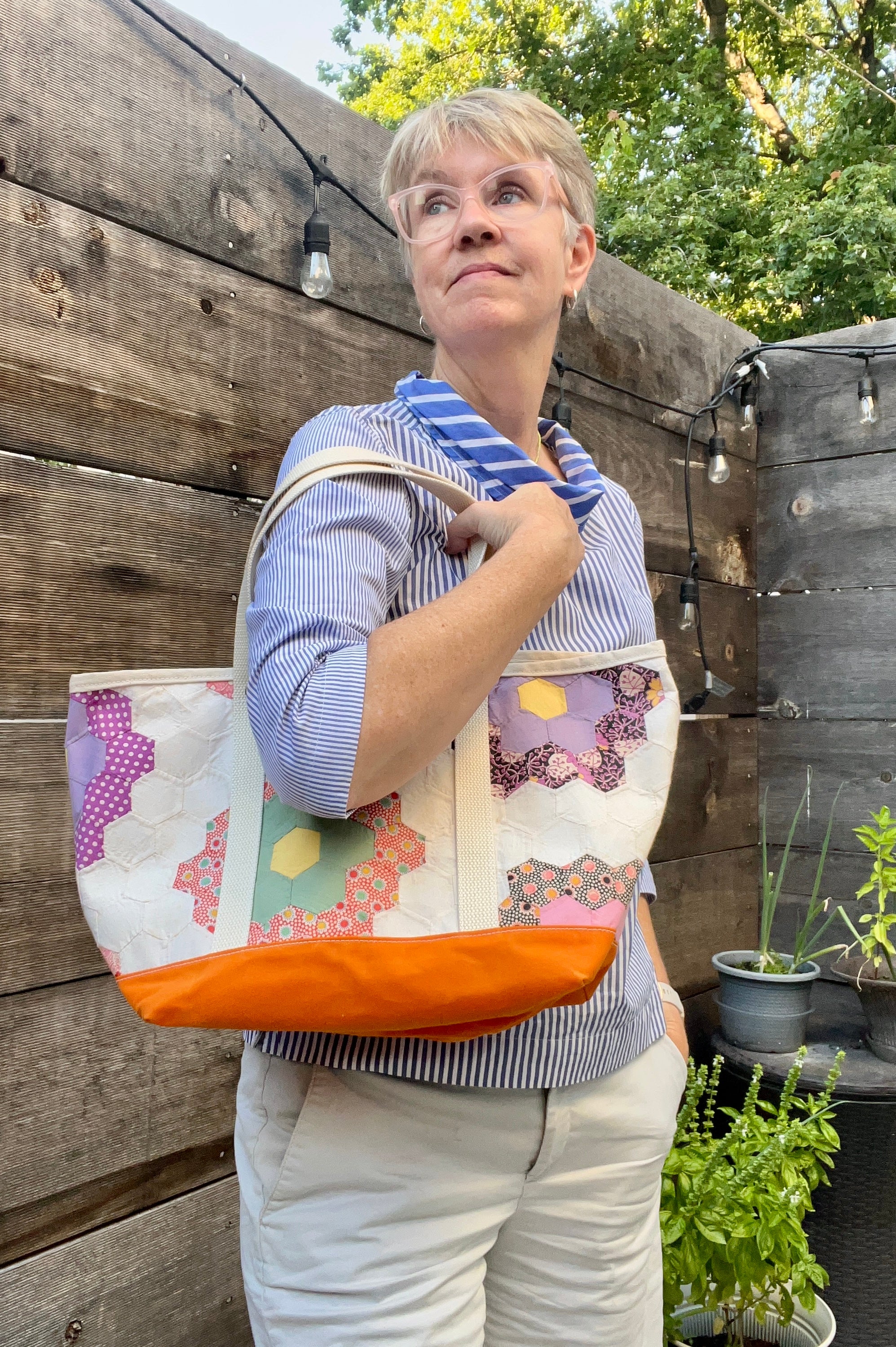 Medium Waxed Canvas Quilt Tote (Medium Hexies with Orange Bottomn) #3