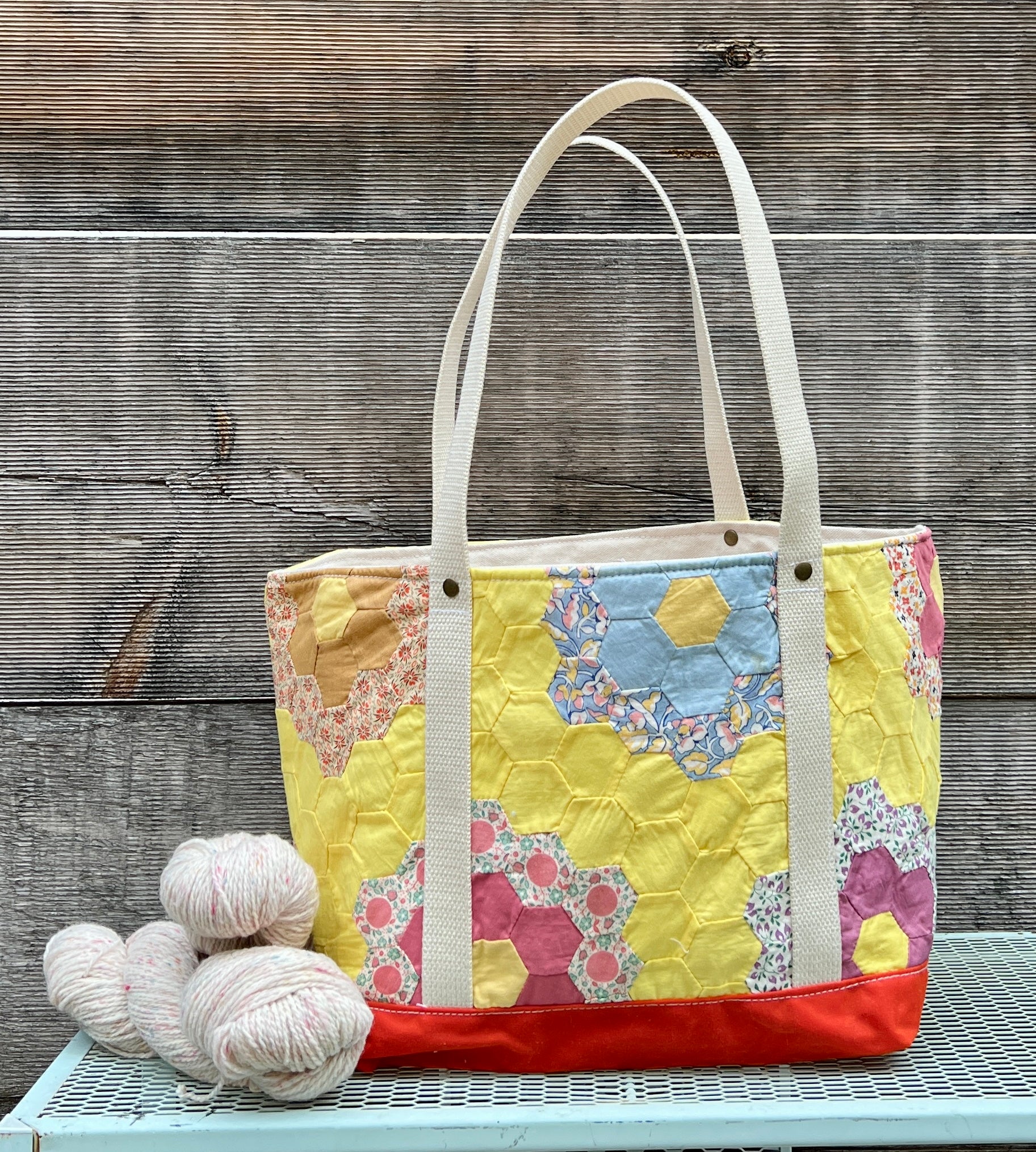 Medium Waxed Canvas Quilt Tote (Yellow with Bright Orange Bottom) #2