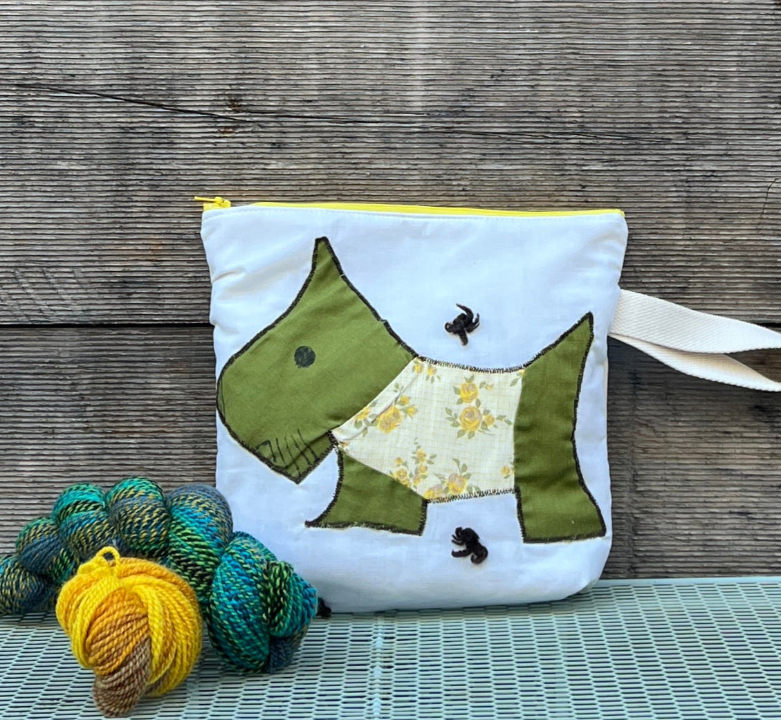 Puppy Wristlet (Olive Green with Yellow Floral Sweater)