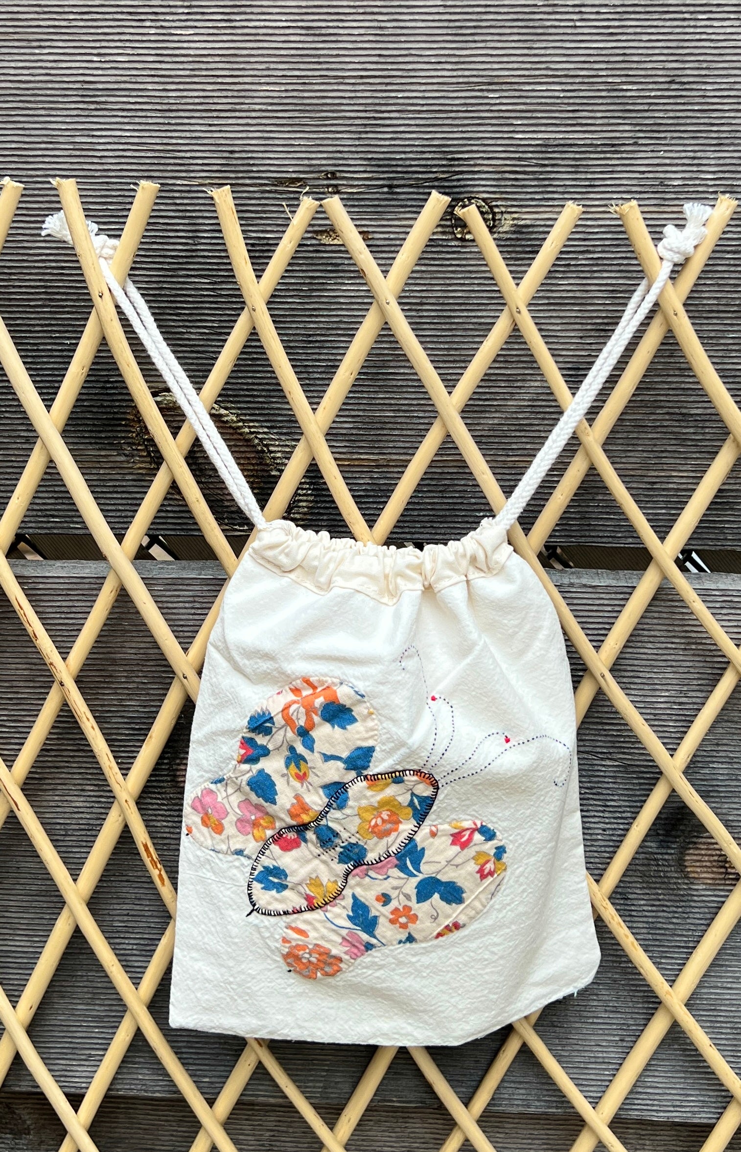 4 Antennae Butterfly Drawstring Bag (Teal Floral & Blue Gingham)