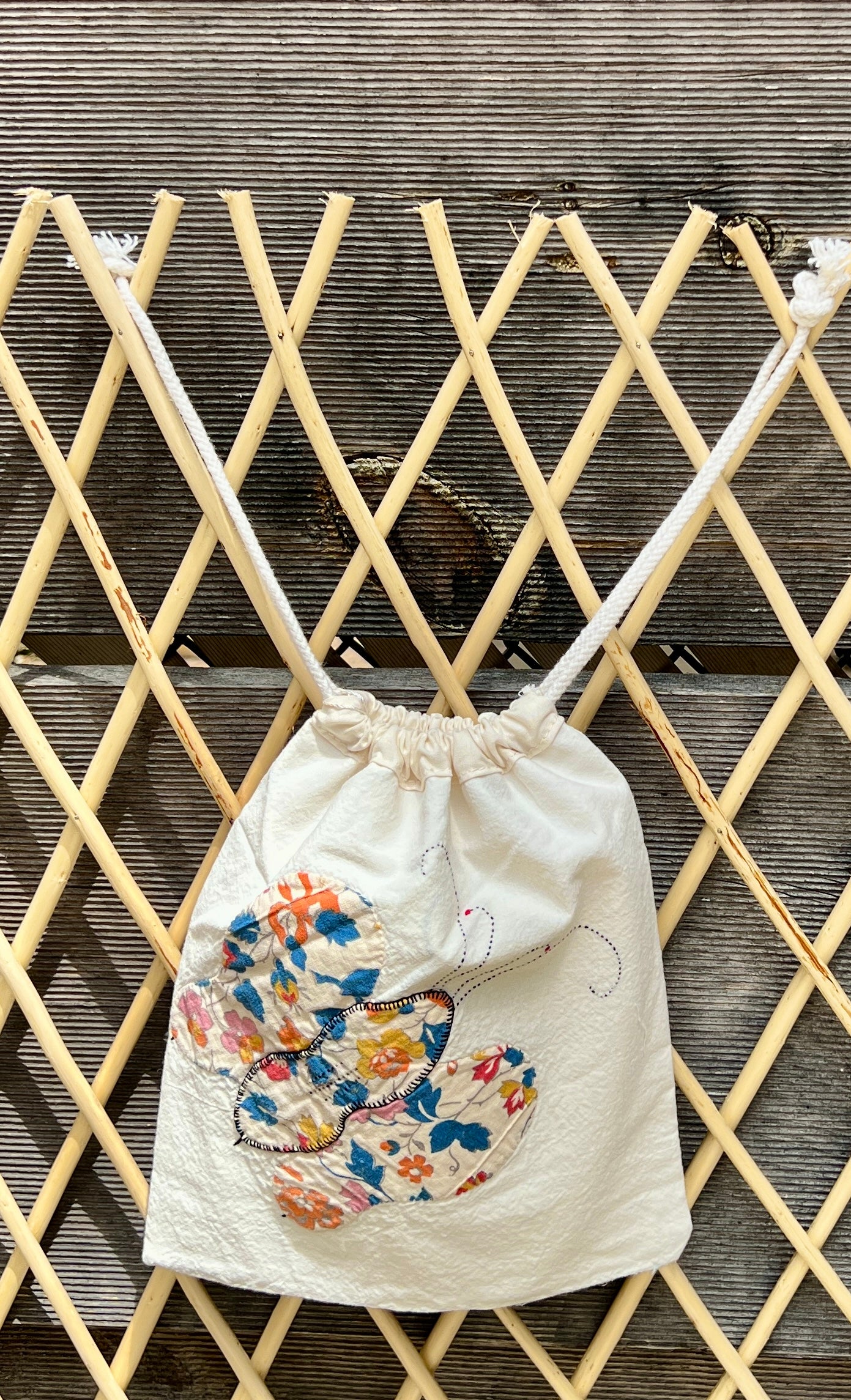 4 Antennae Butterfly Drawstring Bag (Teal Floral & Blue Gingham)