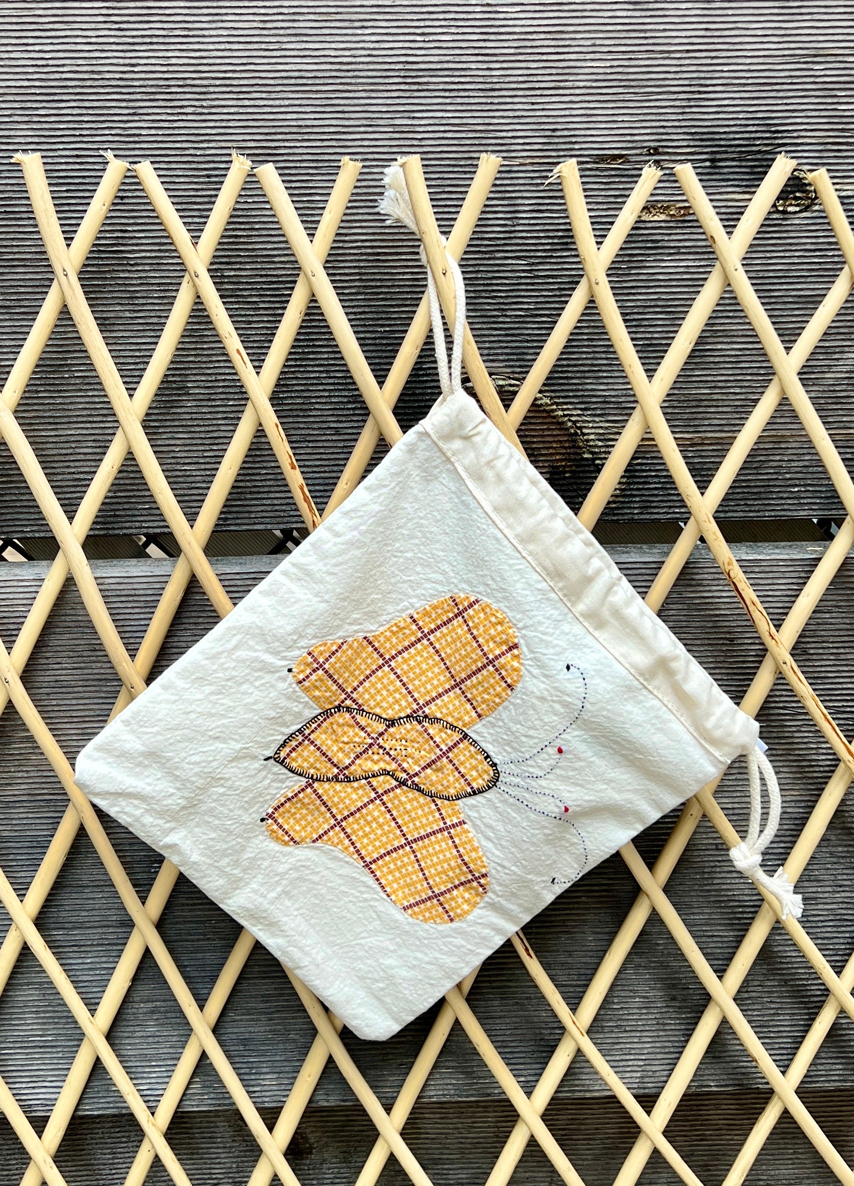 4 Antennae Butterfly Drawstring Bag (Yellow Squares & Blue Ditsy Print)