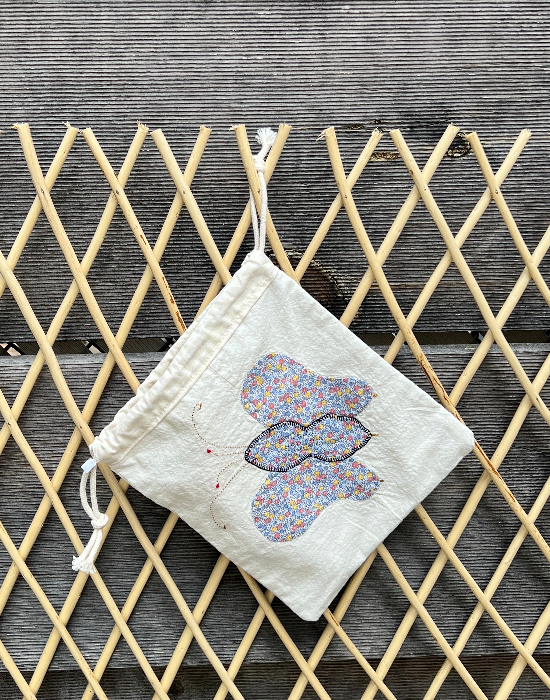 4 Antennae Butterfly Drawstring Bag (Yellow Squares & Blue Ditsy Print)