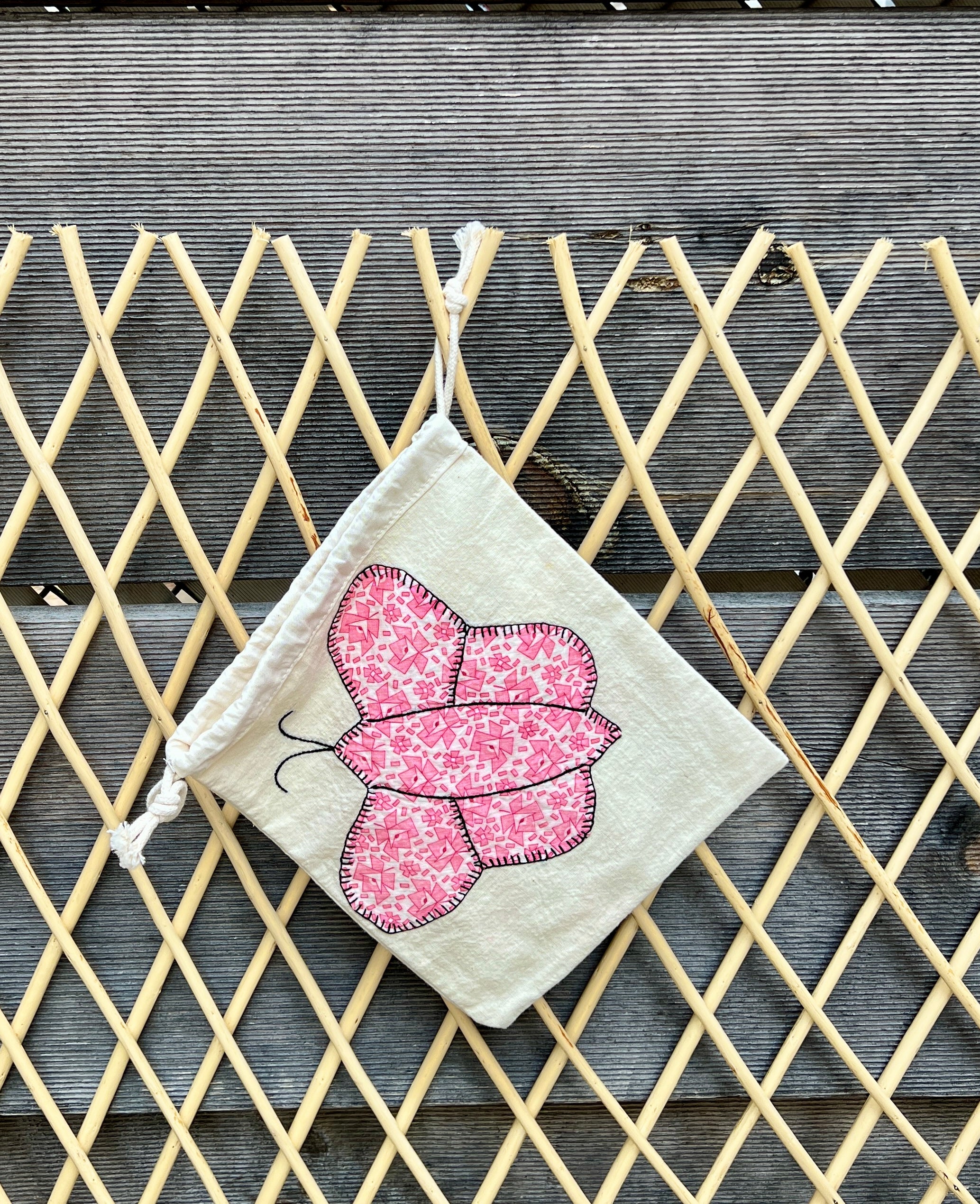 Butterfly Drawstring Bag (Yellow Gingham & Pink)