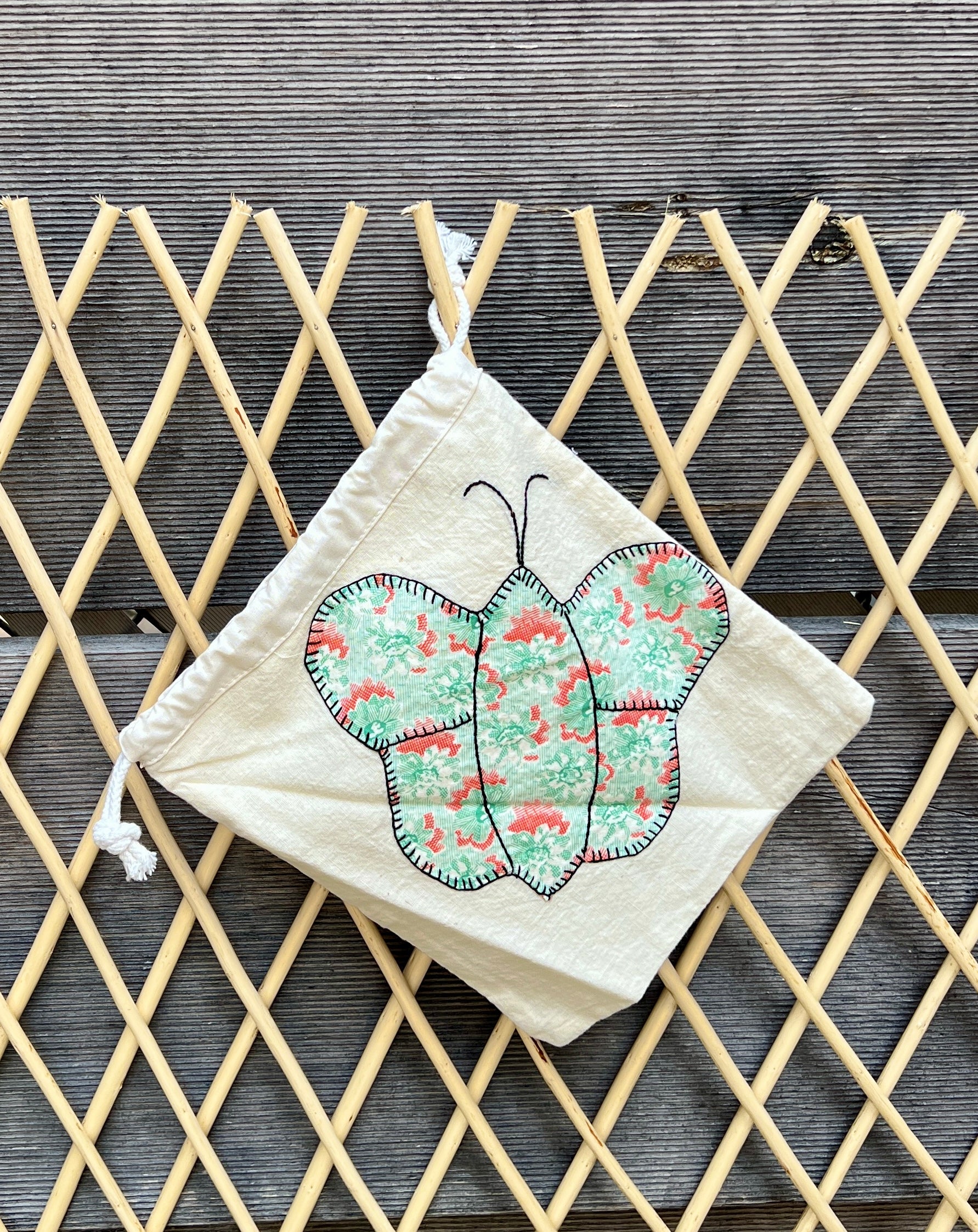 Butterfly Drawstring Bag (Green Floral & Orange Dot)