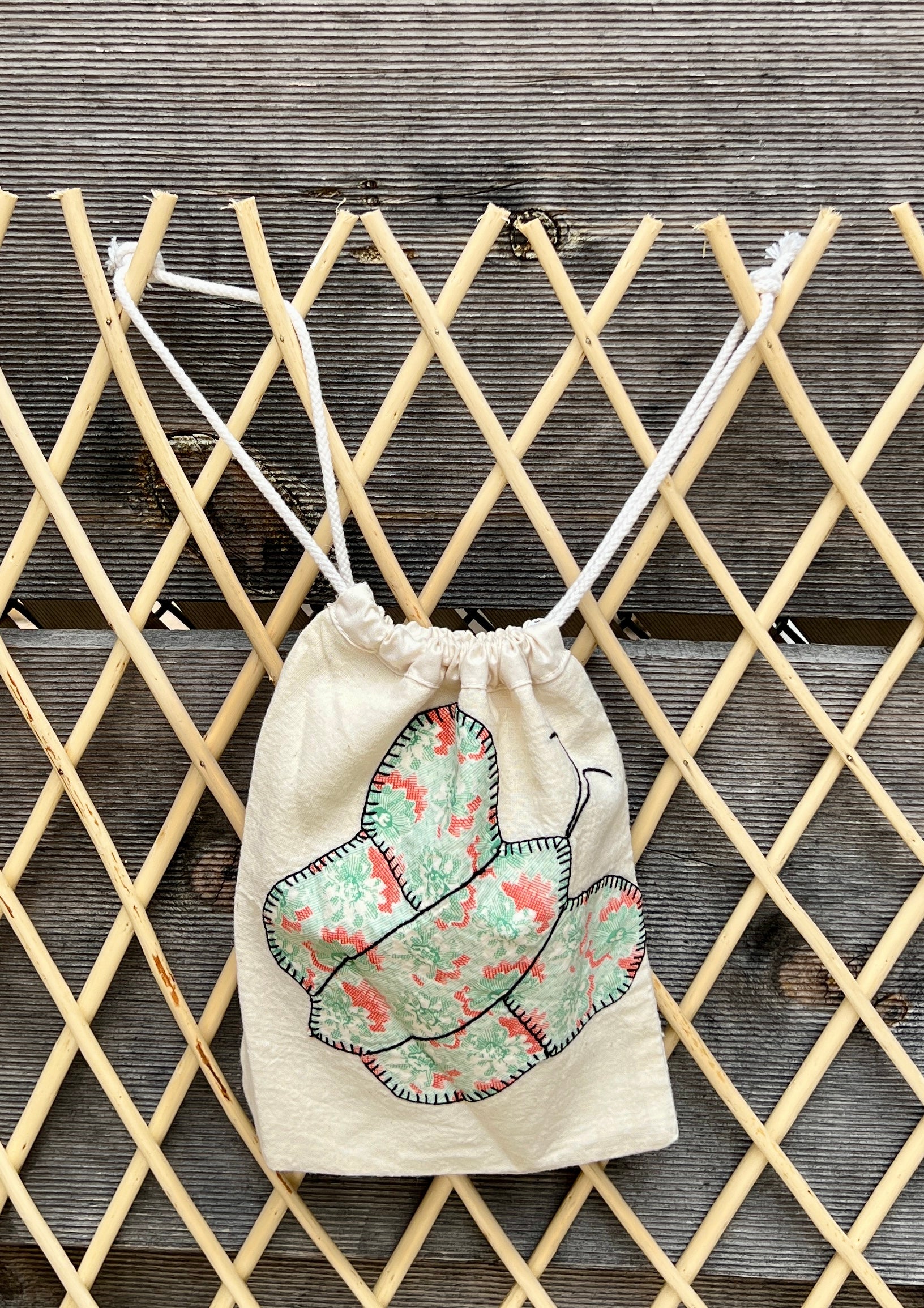 Butterfly Drawstring Bag (Green Floral & Orange Dot)