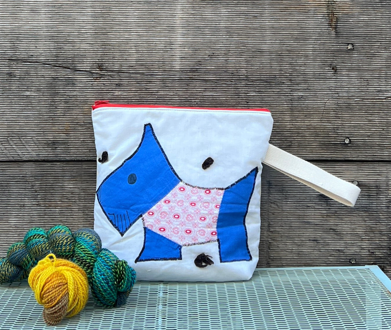 Puppy Wristlet (Royal Blue with Red Paisley Sweater)