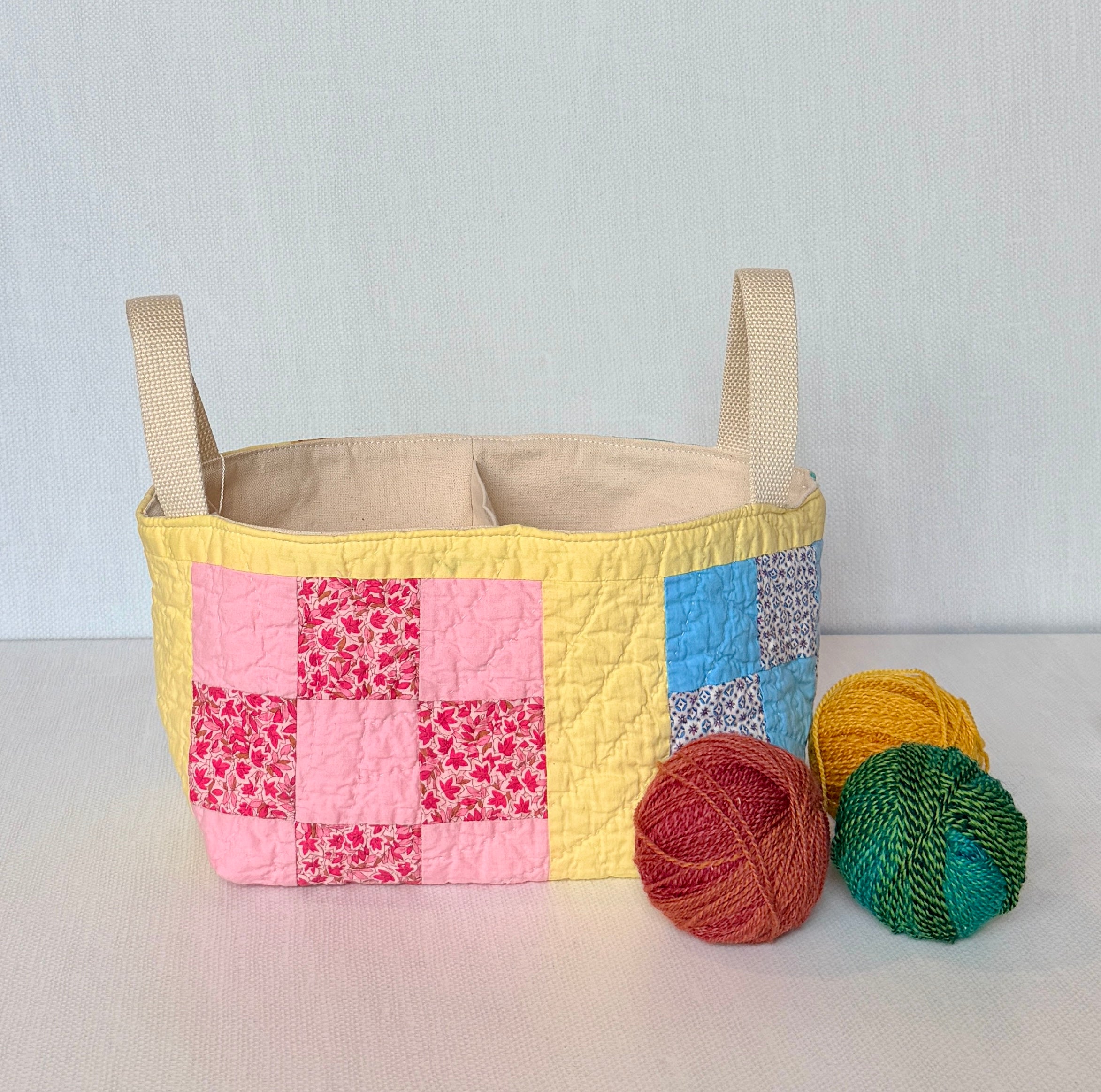 Divided Basket (Yellow Sashing with Pink & Blue 9 Patch)
