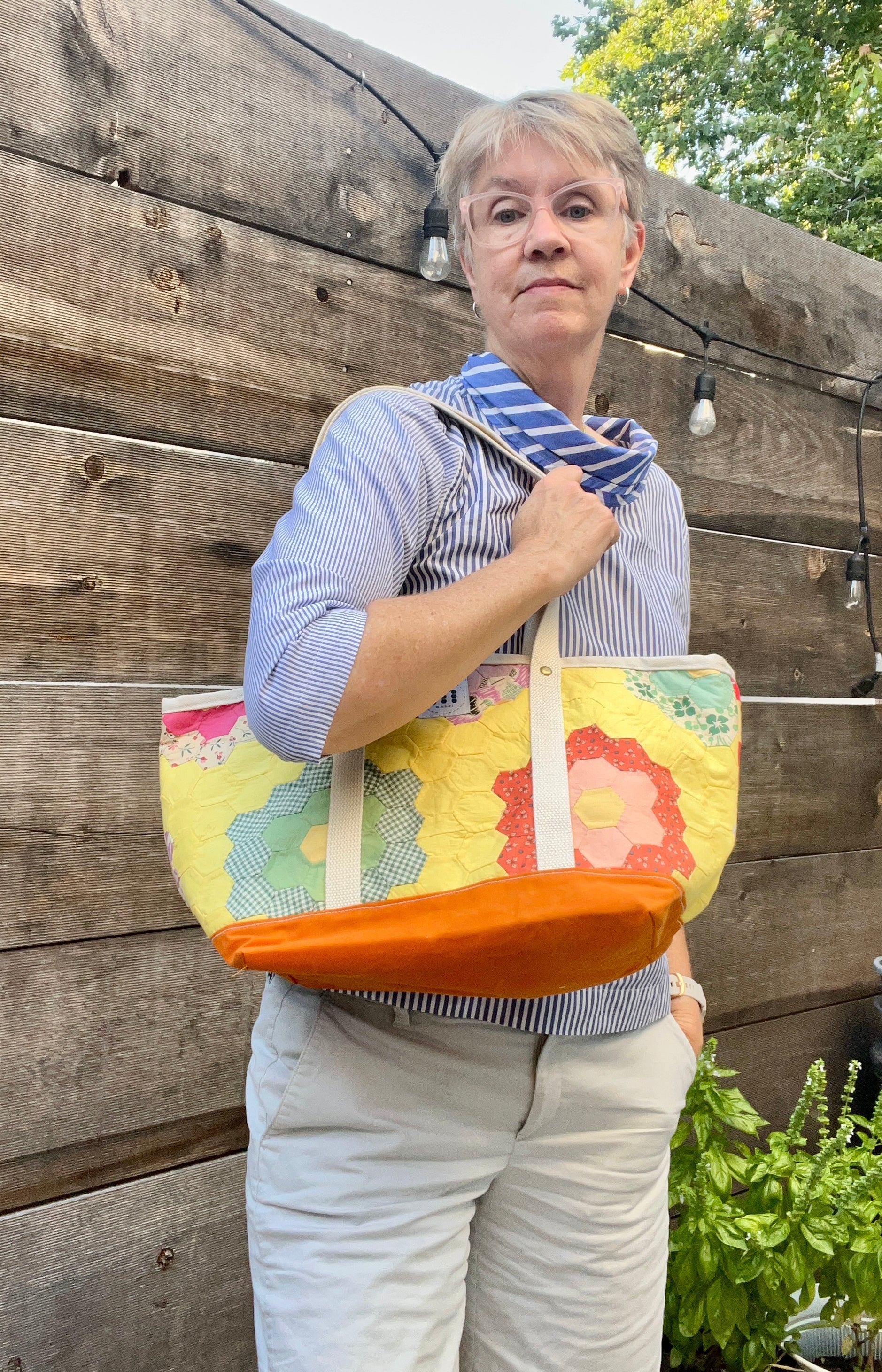 Medium Waxed Canvas Quilt Tote (Yellow with Orange Bottom) #3