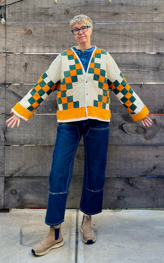 Quilt Cardi (Teal & Orange Irish Chain)