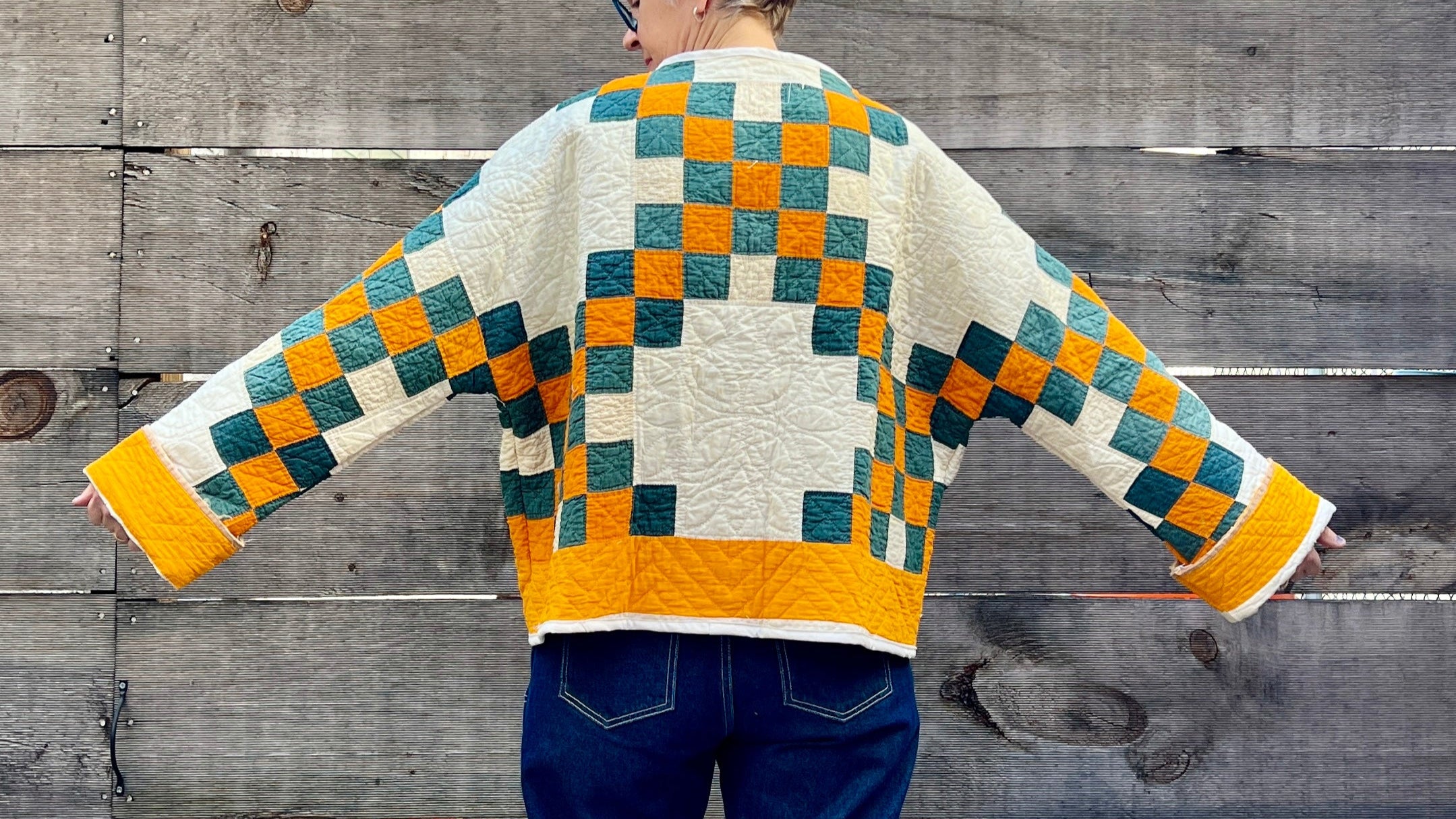 Quilt Cardi (Teal & Orange Irish Chain)