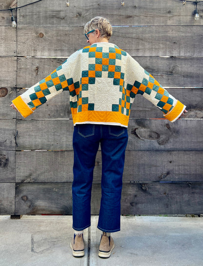 Quilt Cardi (Teal & Orange Irish Chain)