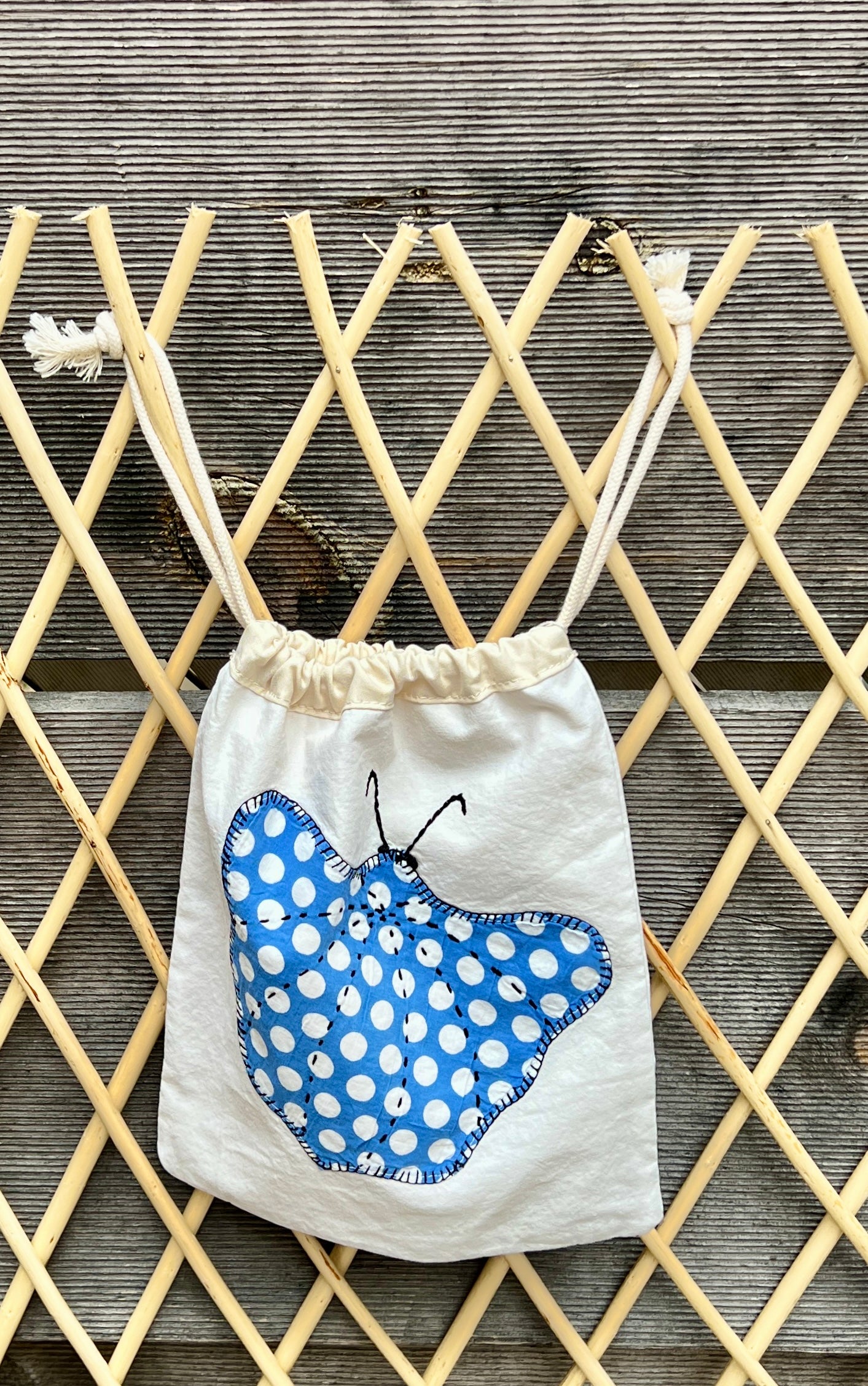 Moth Drawstring Bag (Blue Dots & Purple/Yellow Flowers)