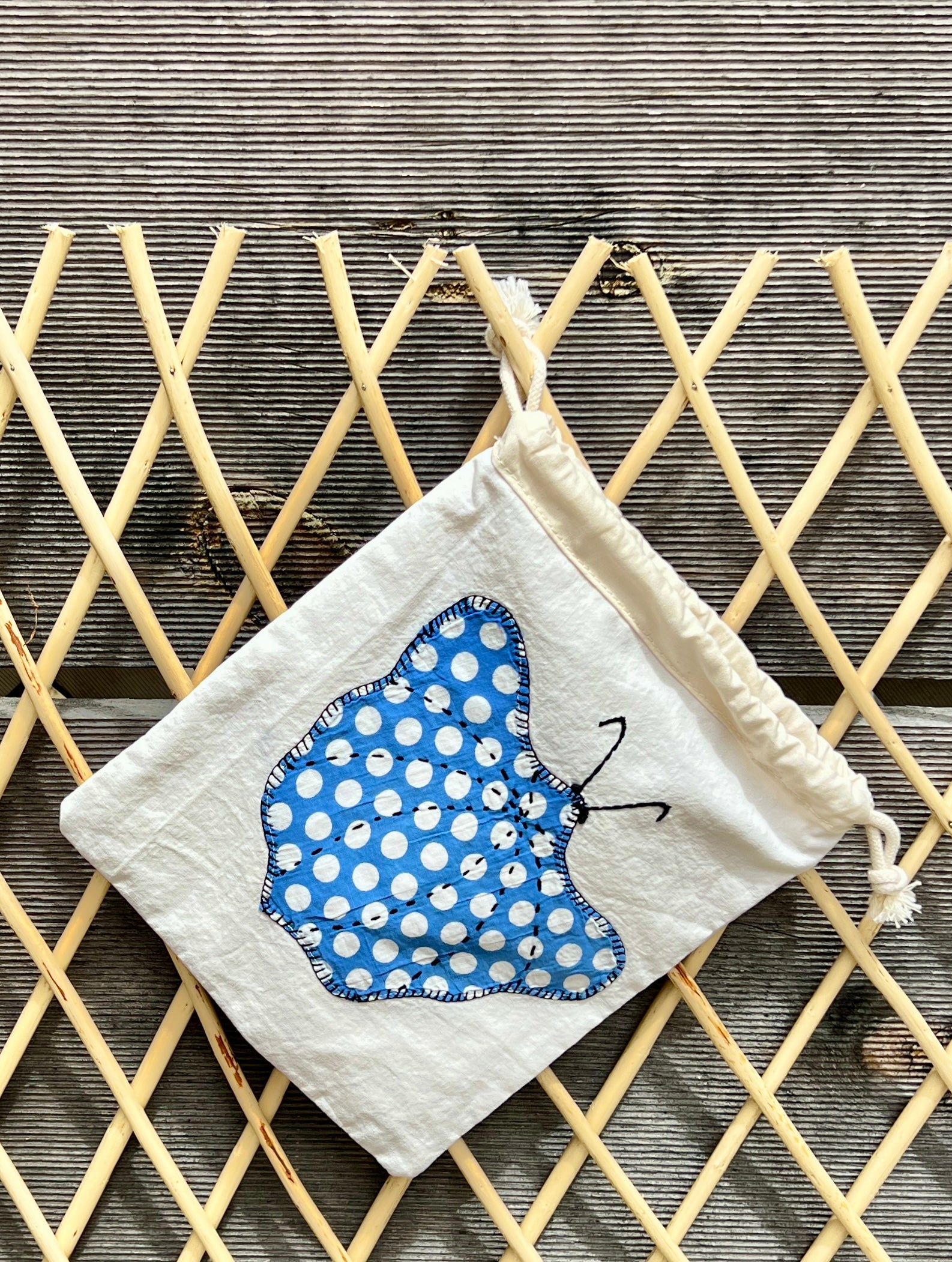 Moth Drawstring Bag (Blue Dots & Purple/Yellow Flowers)