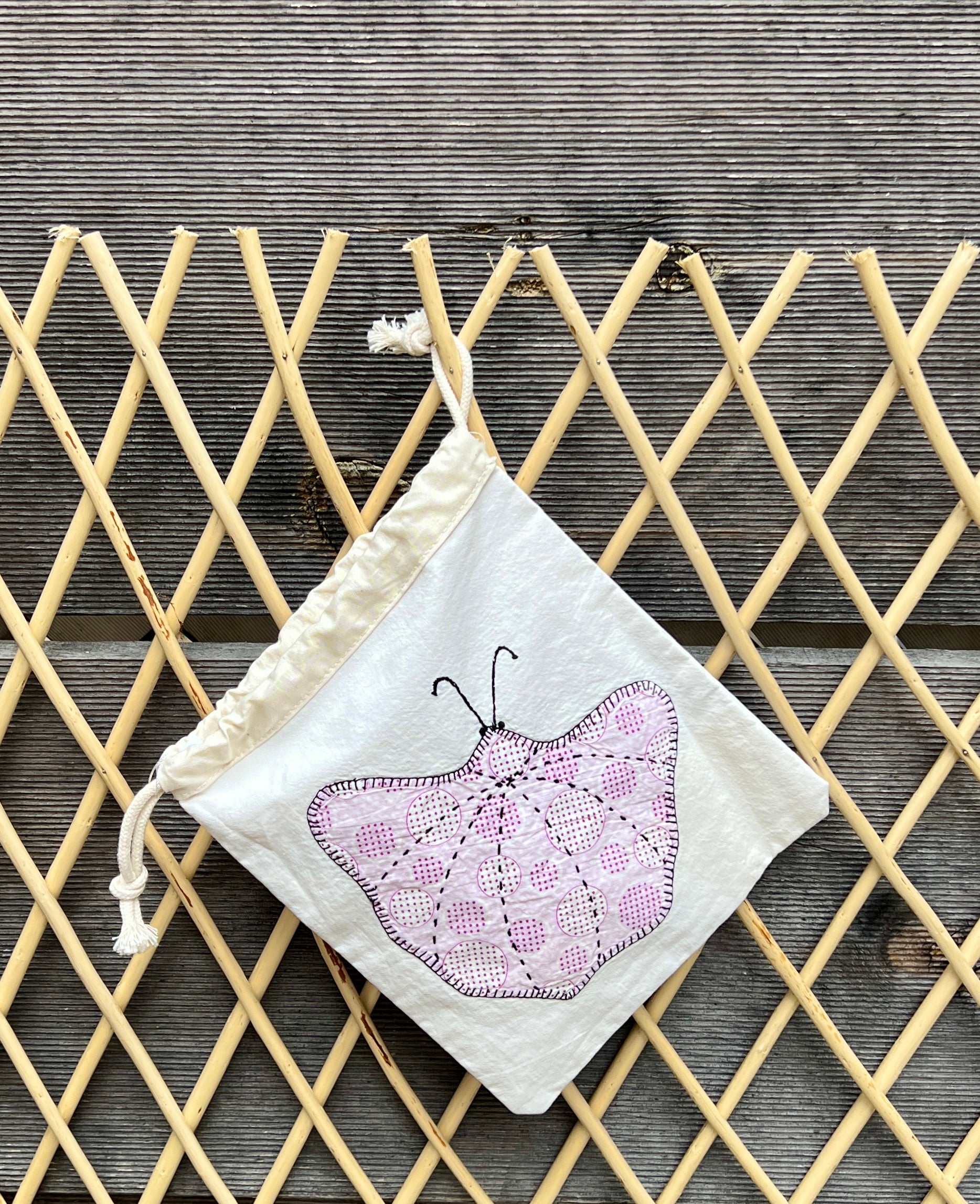 Moth Drawstring Bag (Purple Dots & Red Gingham)