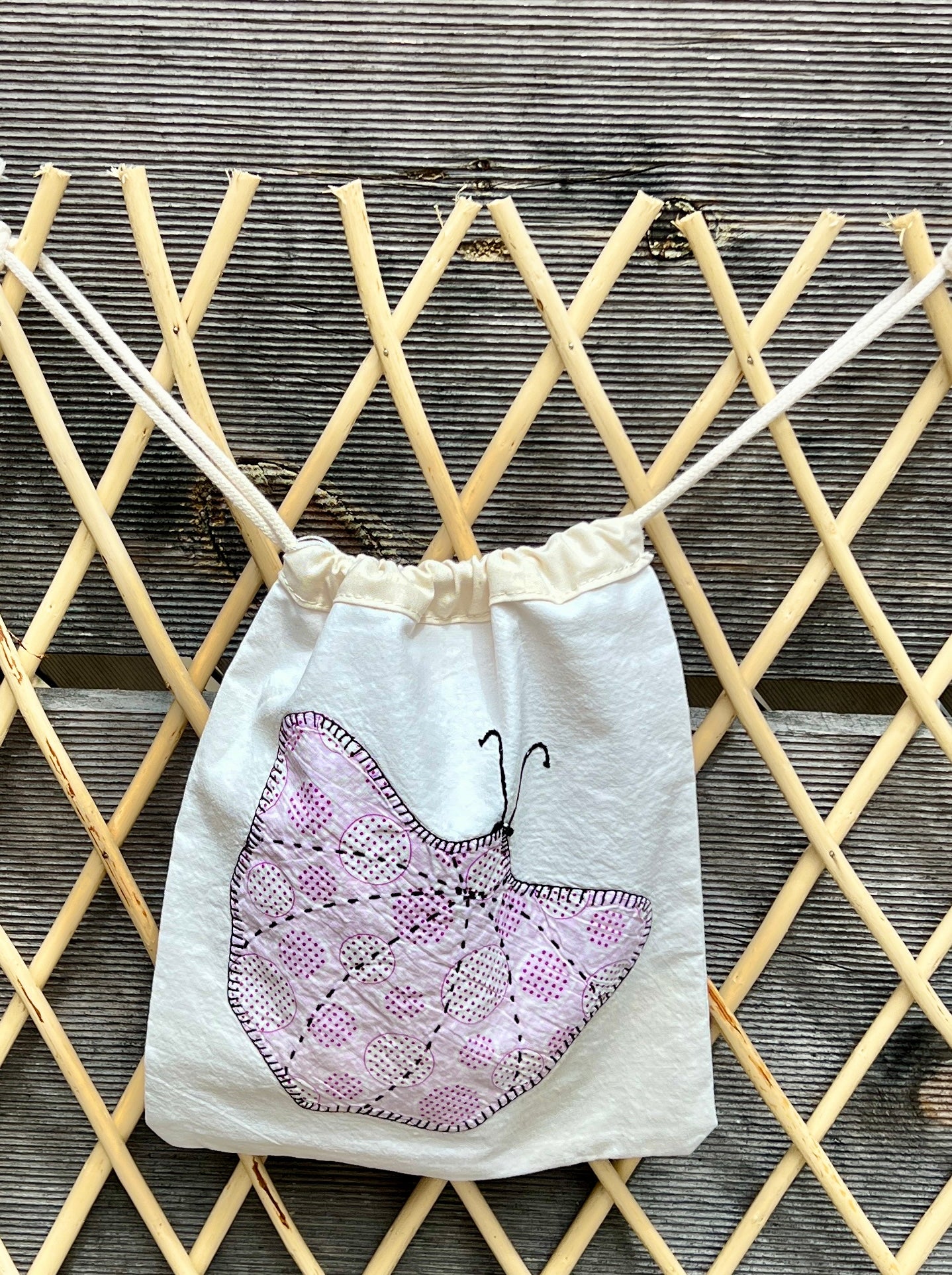 Moth Drawstring Bag (Purple Dots & Red Gingham)