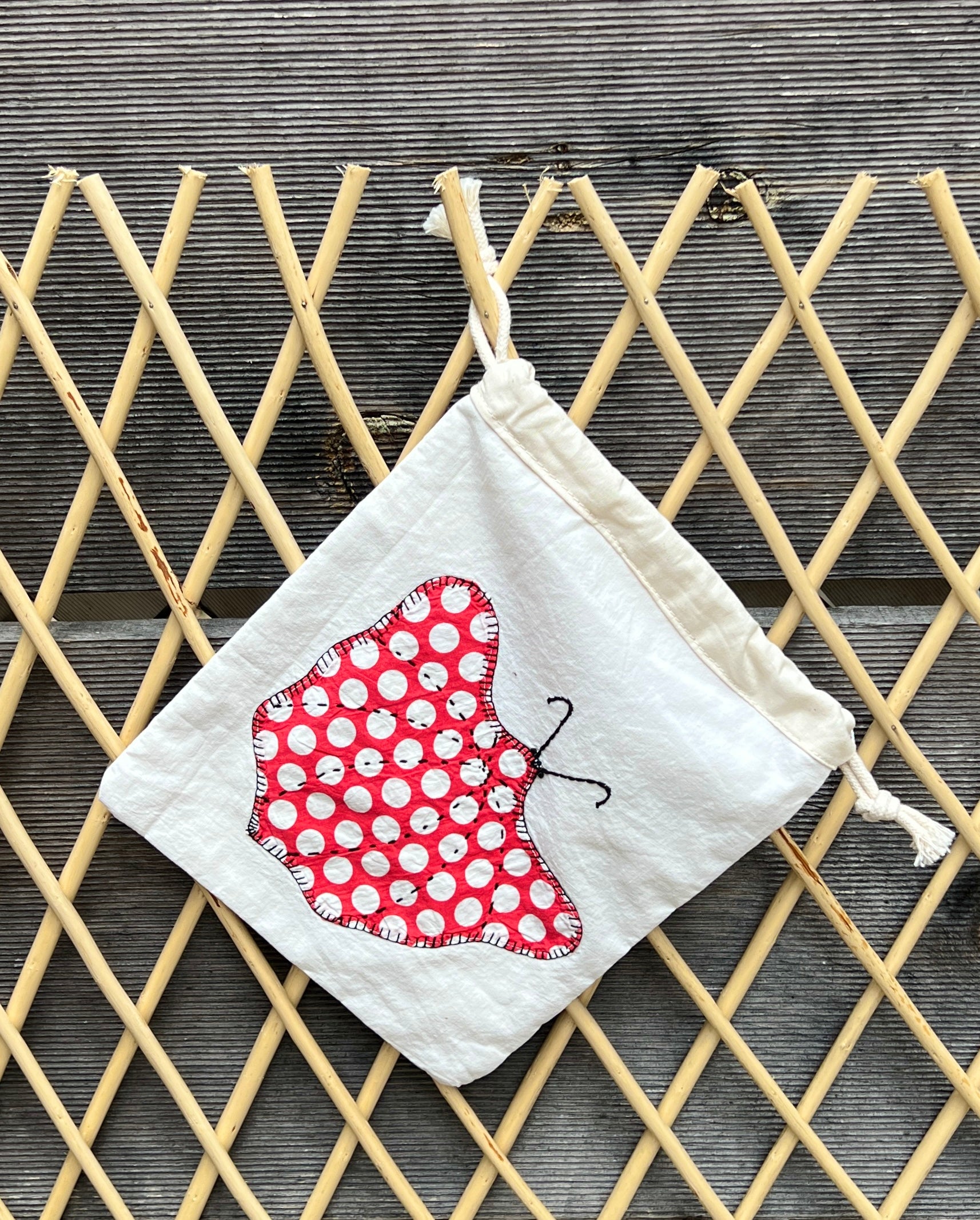 Moth Drawstring Bag (Red Dots & Peach w/Purple)
