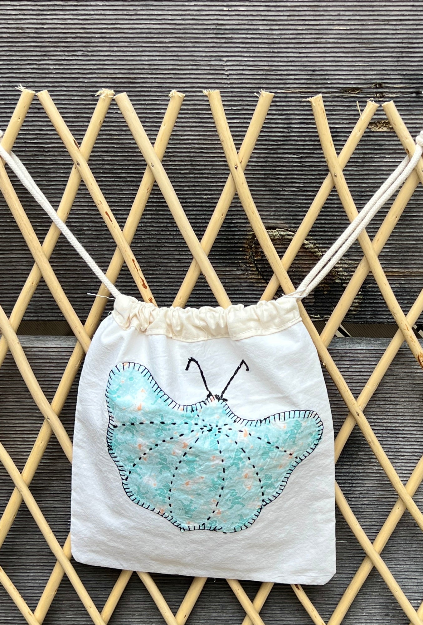 Moth Drawstring Bag (Teal & Red Dots)