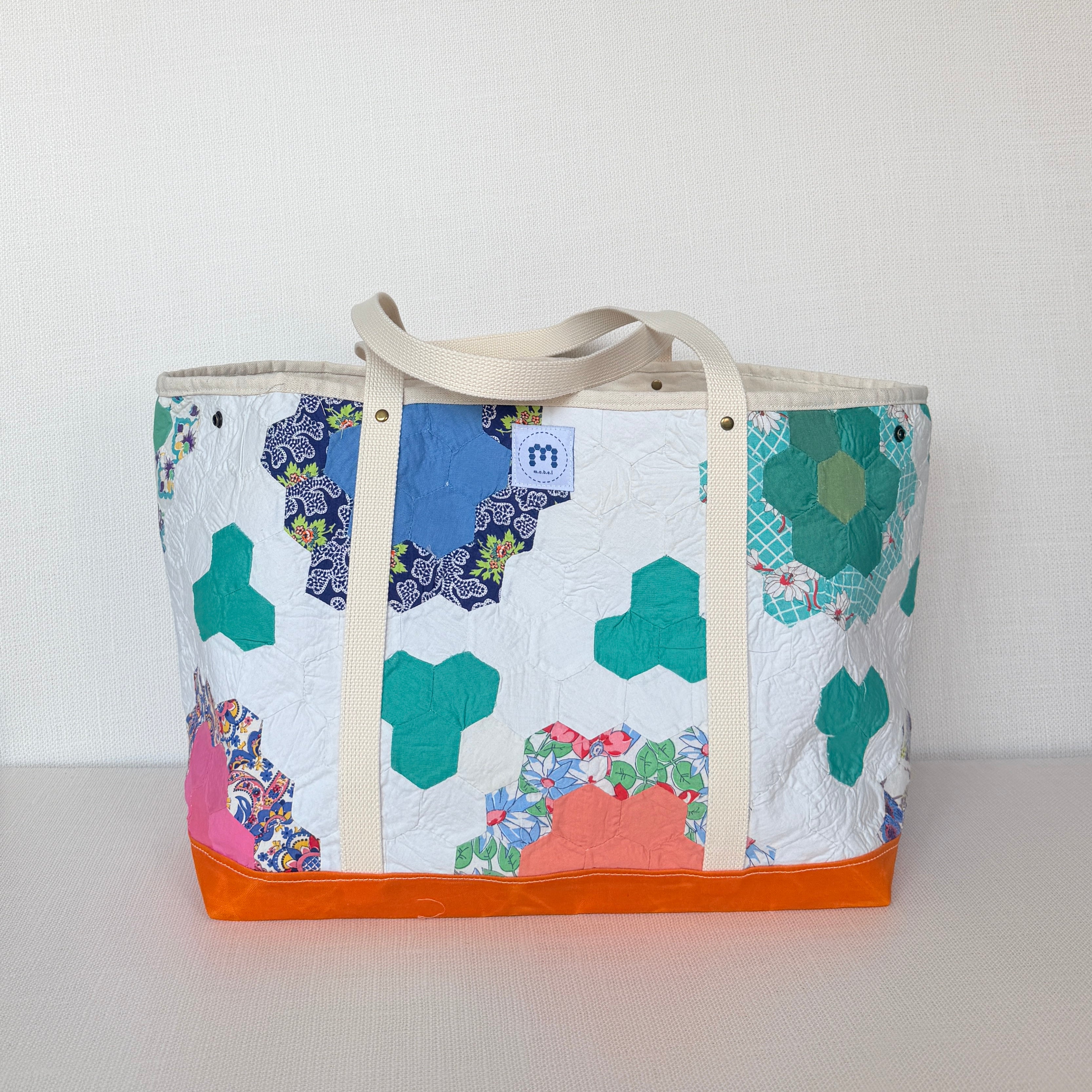 Waxed Canvas Tote Large (Orange Canvas with Green Flowers)