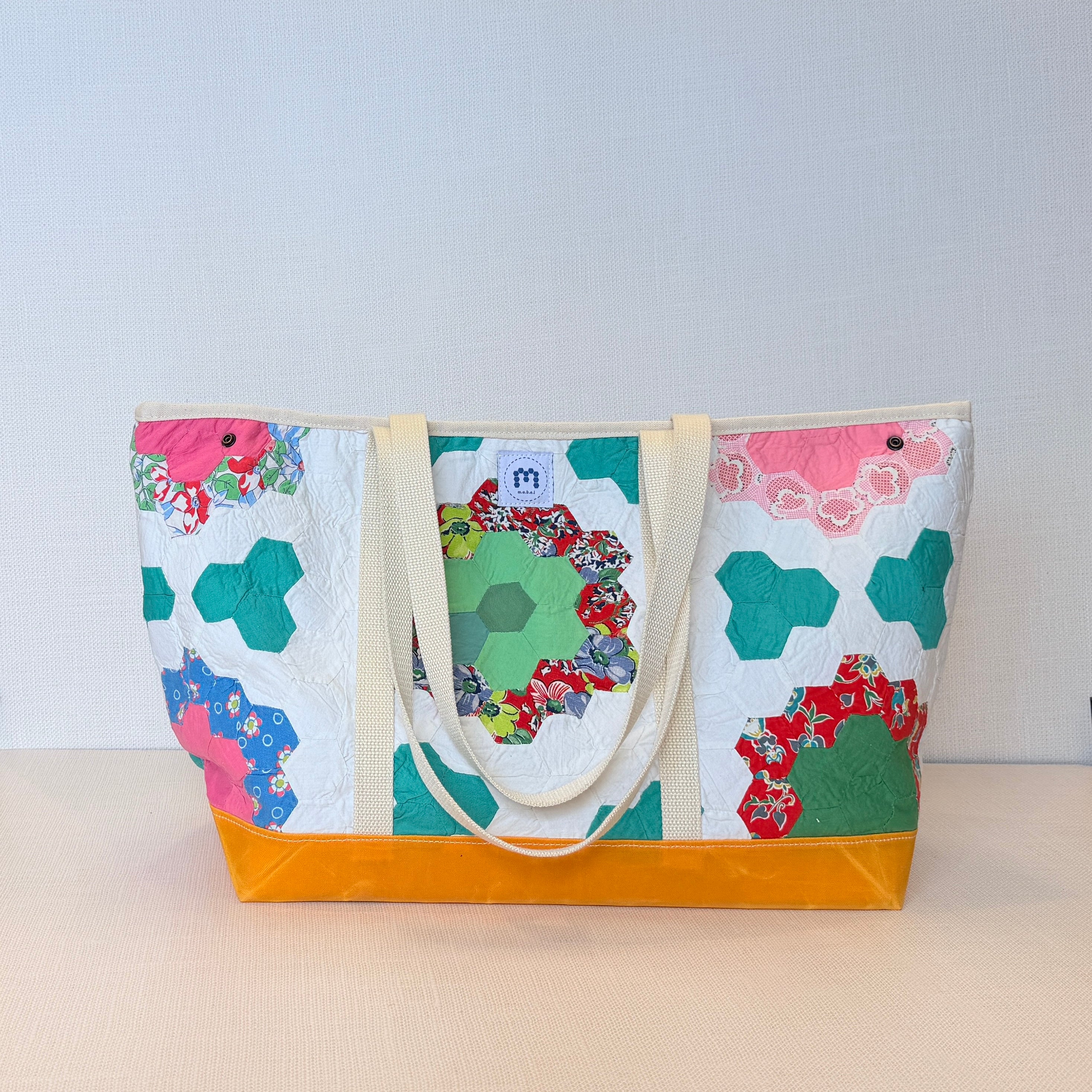 Waxed Canvas Tote Large (Orange Canvas with Green Flower)