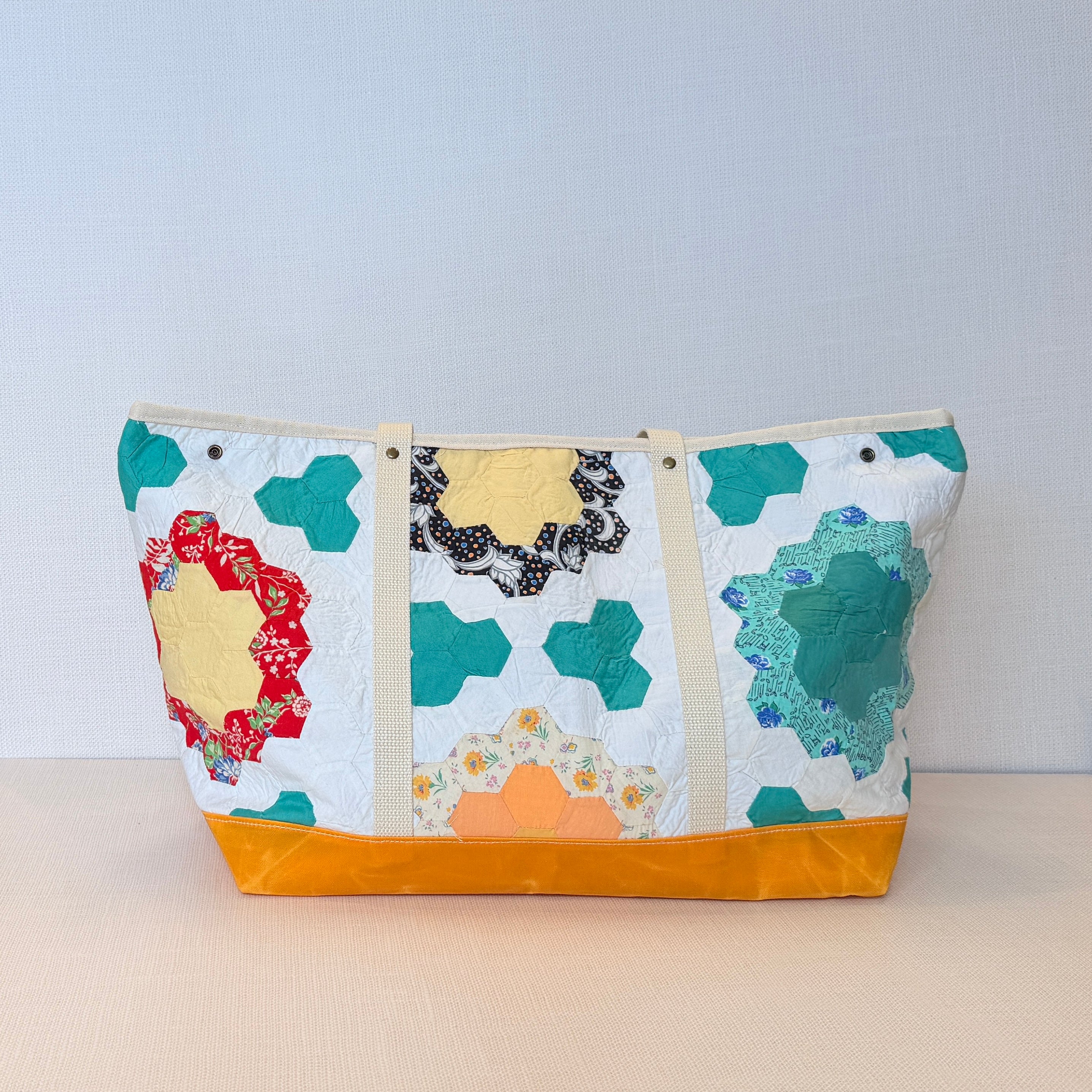 Waxed Canvas Tote Large (Orange Canvas with Green Flower)