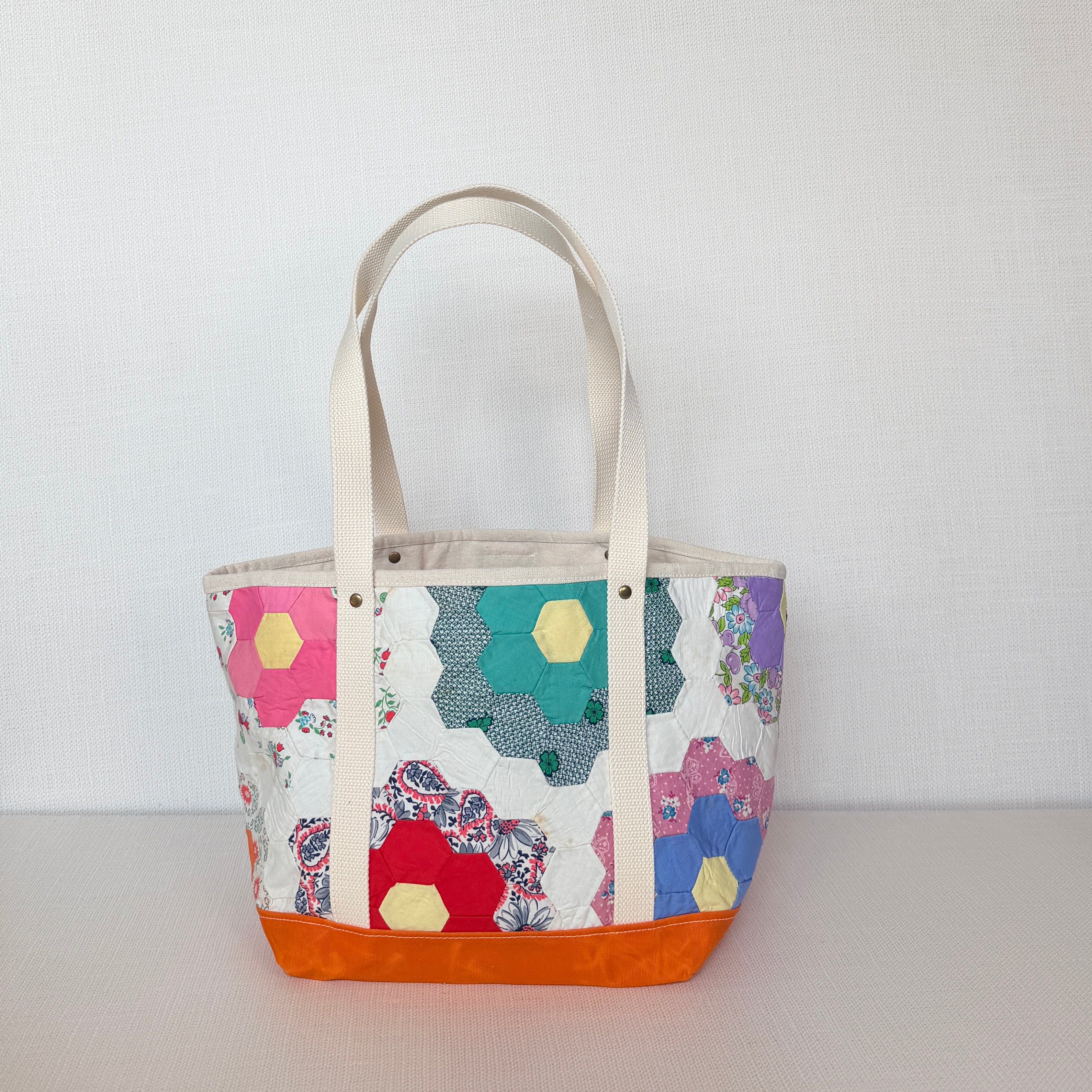 Waxed Canvas Tote Medium (Orange Canvas with Green Flowers)