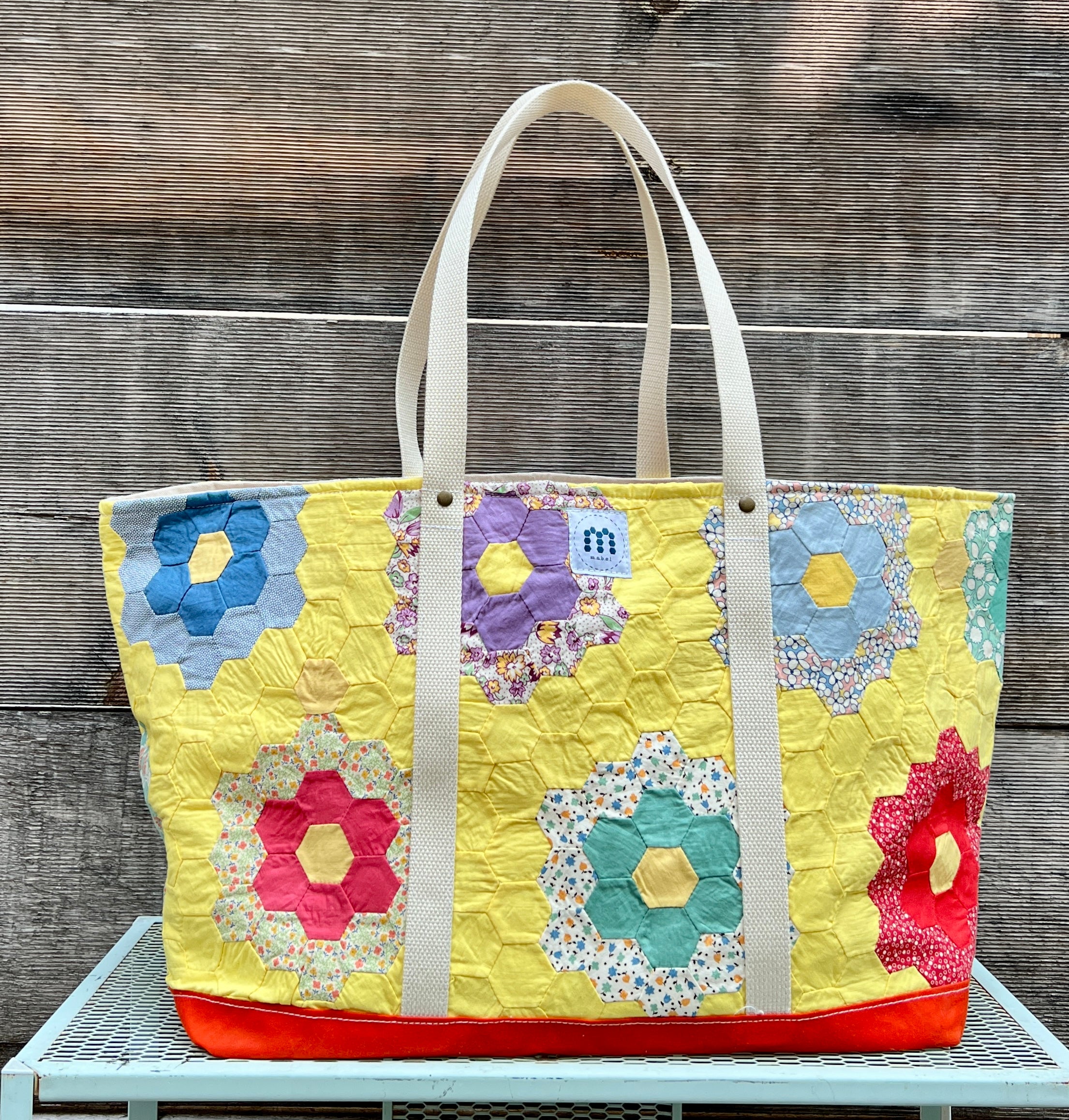Large Canvas Quilt Tote (Yellow with Bright Orange Bottom)