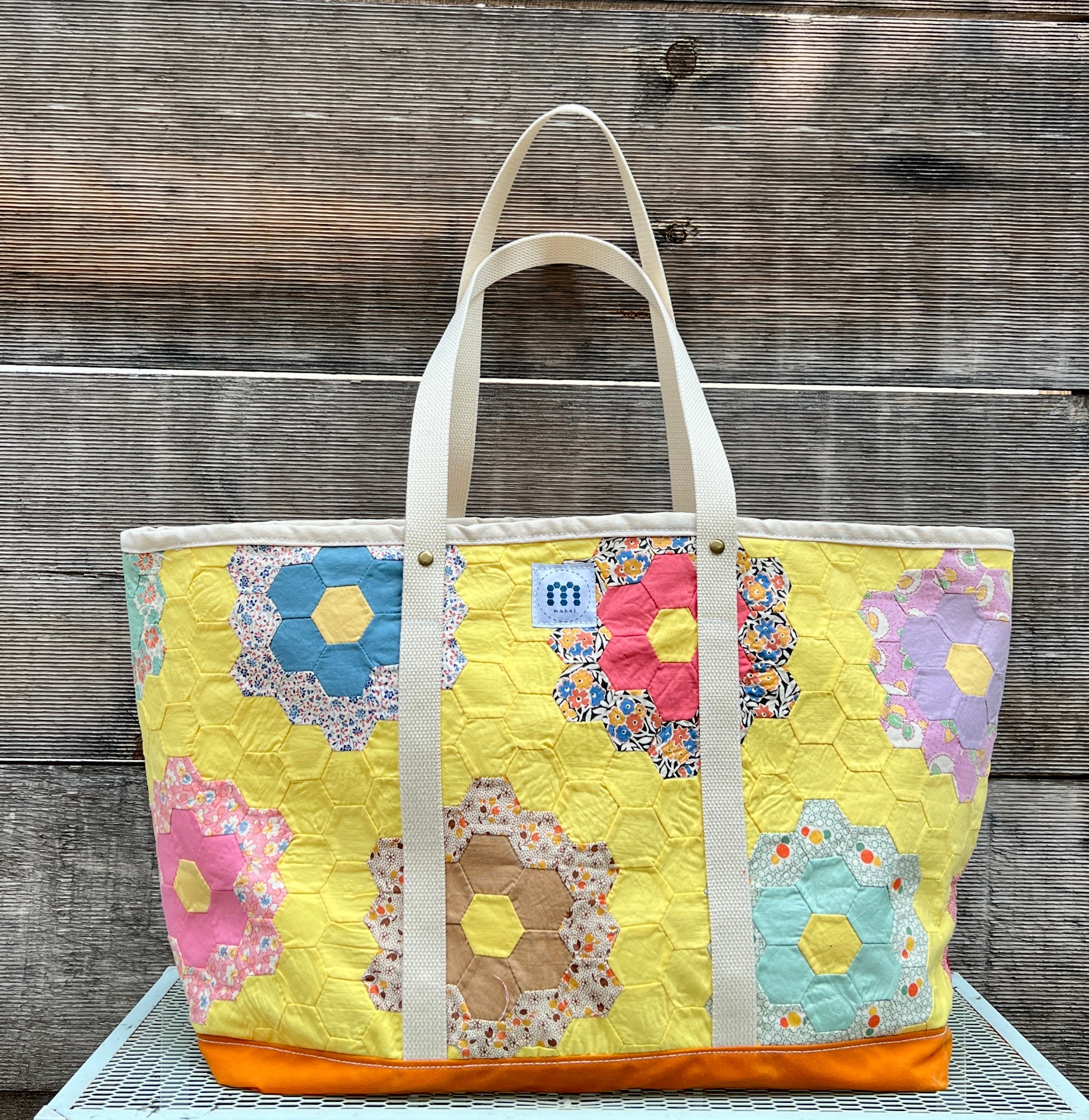Large Waxed Canvas Quilt Tote (Yellow with Orange Bottom) #2